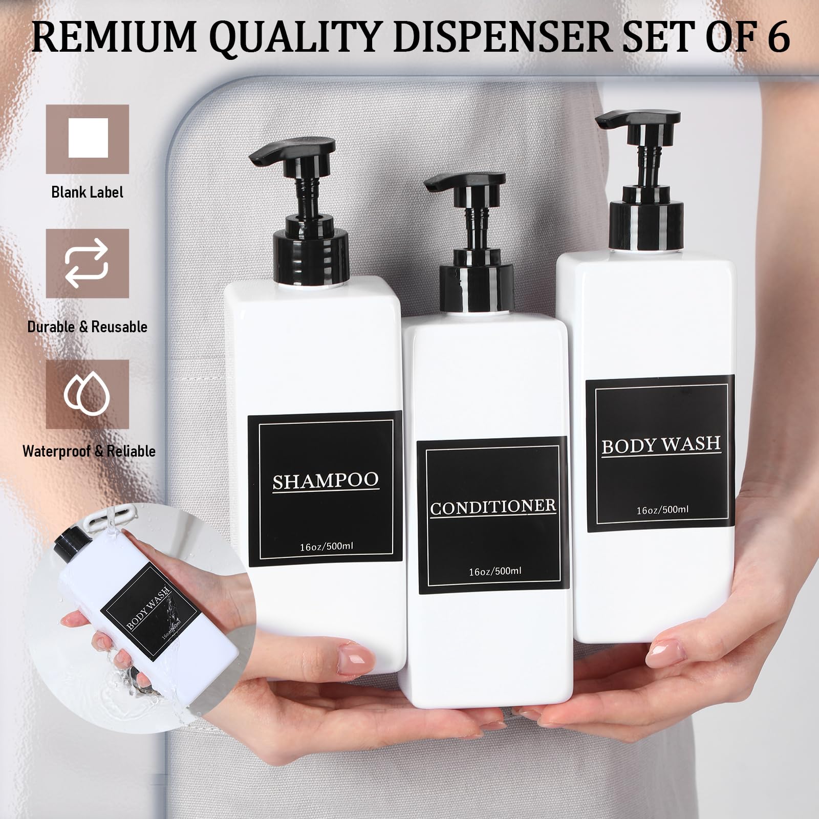 6 Pcs Shampoo and Conditioner Dispenser Bottles 16oz Modern Shower Soap Bottles with Pump (6 Count)