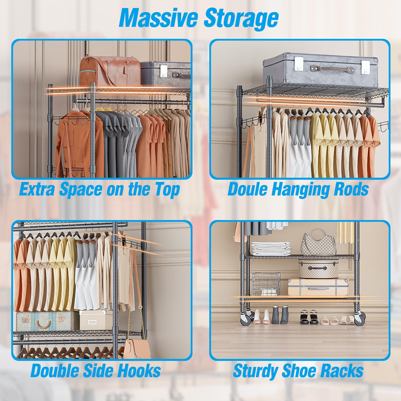 Narrow Rolling Garment Rack with Double Rods and 3 Adjustable Shelves