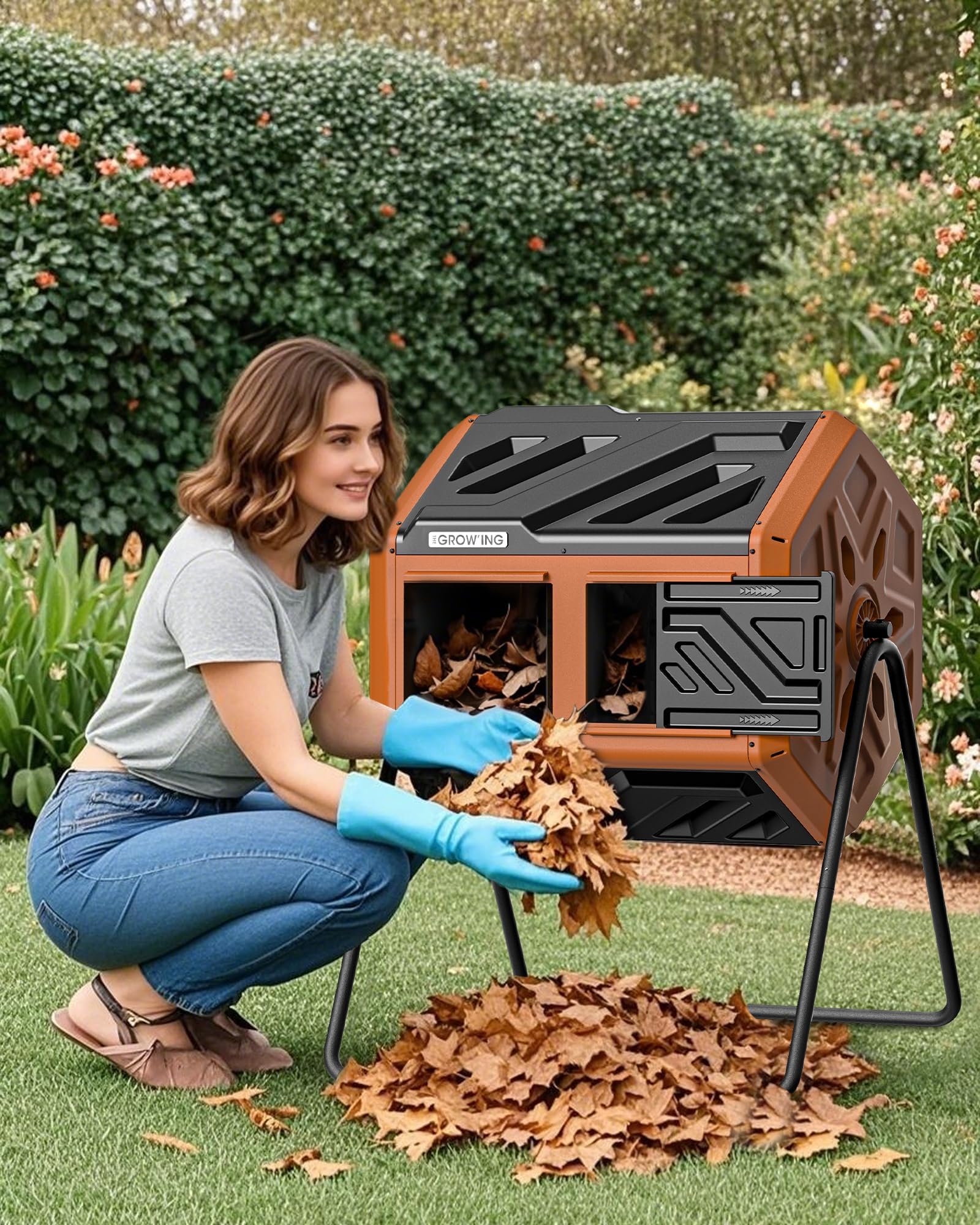 THE Growing 43 Gal Outdoor Compost Bin Tumbler with Thermometer