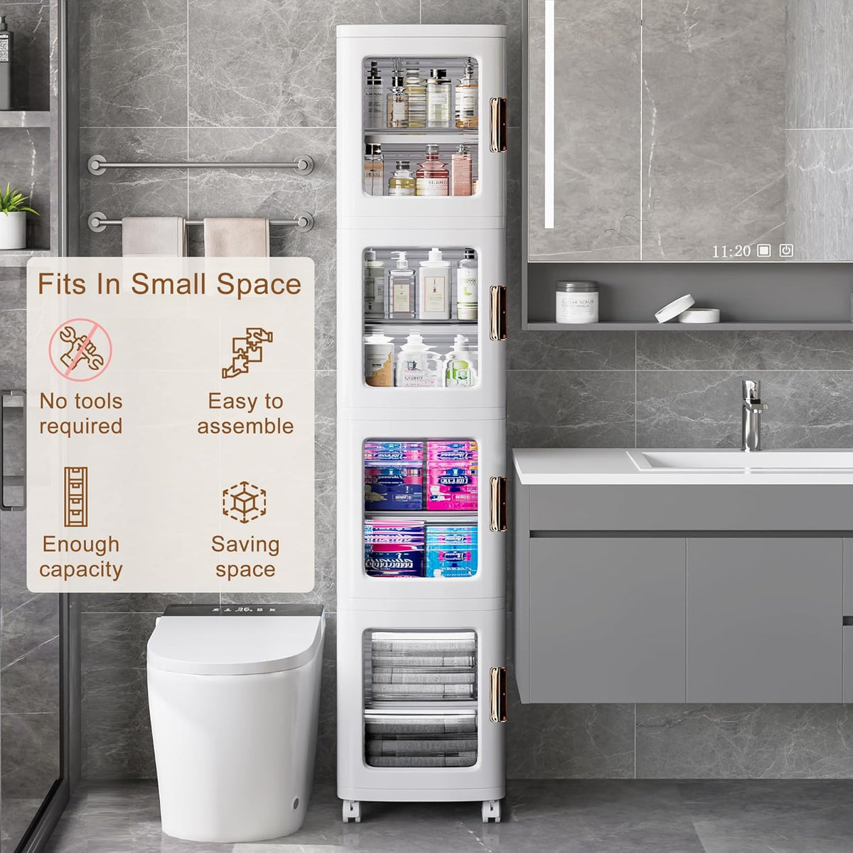 VECELO 4-Tier Tall Narrow Storage Cabinet with Movable Wheels, Adjustable Shelves, Anti-Tip, Slim, for Small Space, Bathroom, Kitchen, Laundry, White