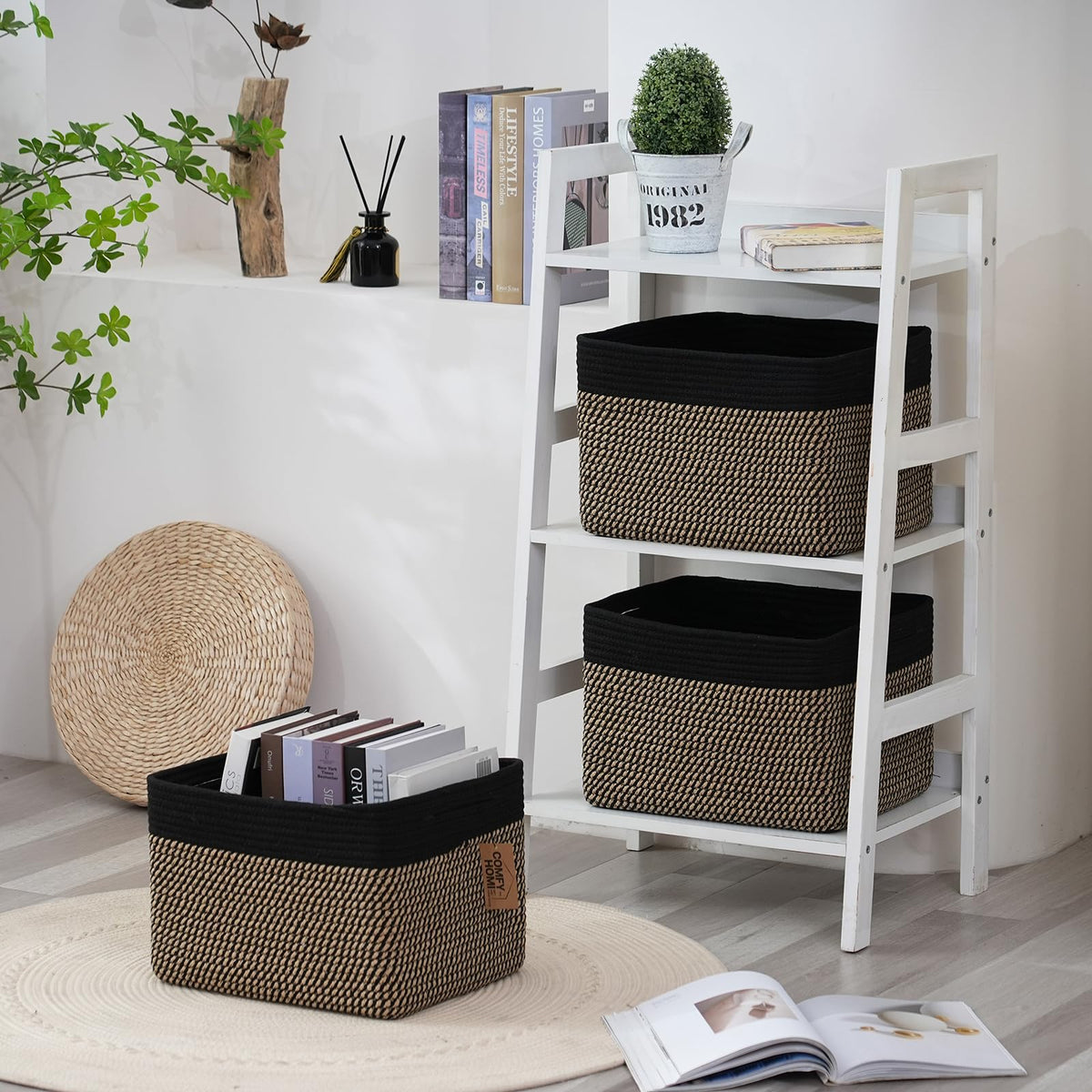 3PACK Cotton Rope Square Basket with Handles for Shelves (3 Count)