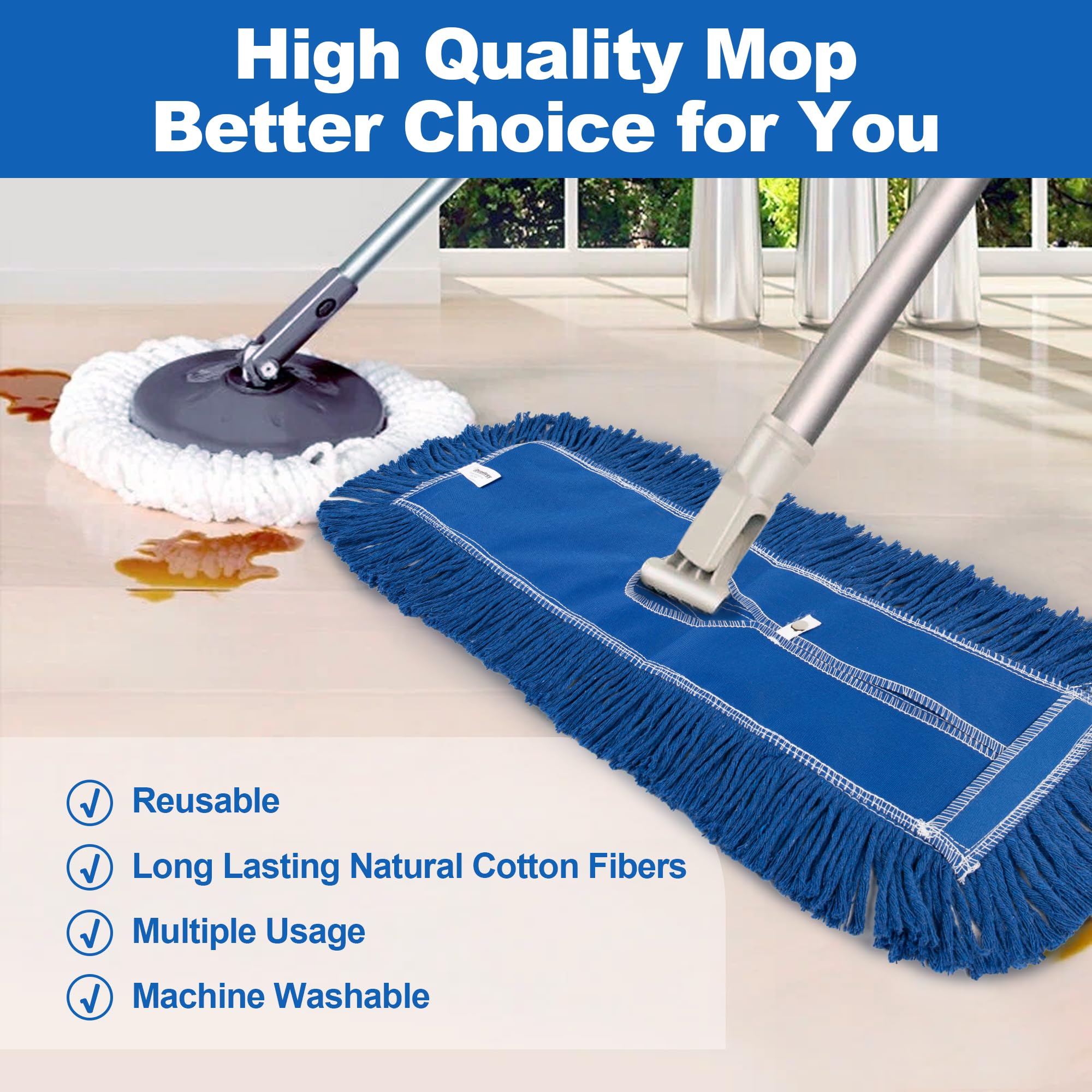4 Pack - 24-Inch Washable Dust Mop Heads – Full Cloth, Extra Durable, Easy Button - No Clinging to Hair or Fur, Easy to Use Replacement for Commercial and Home Cleaning (4 Count) - ModHome Supplies