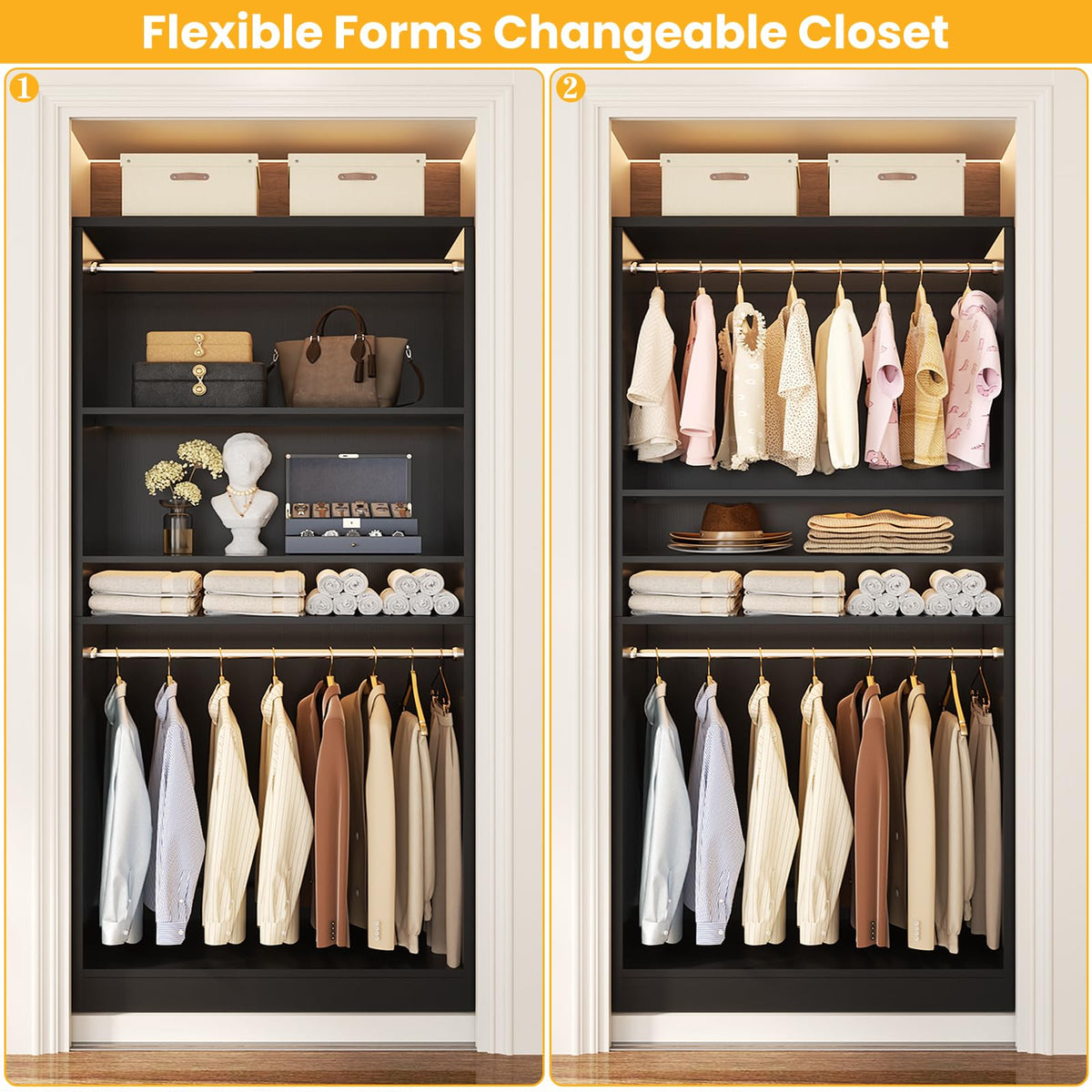 3FT Freestanding Closet System with 2 Hanging Rods & Adjustable Shelve