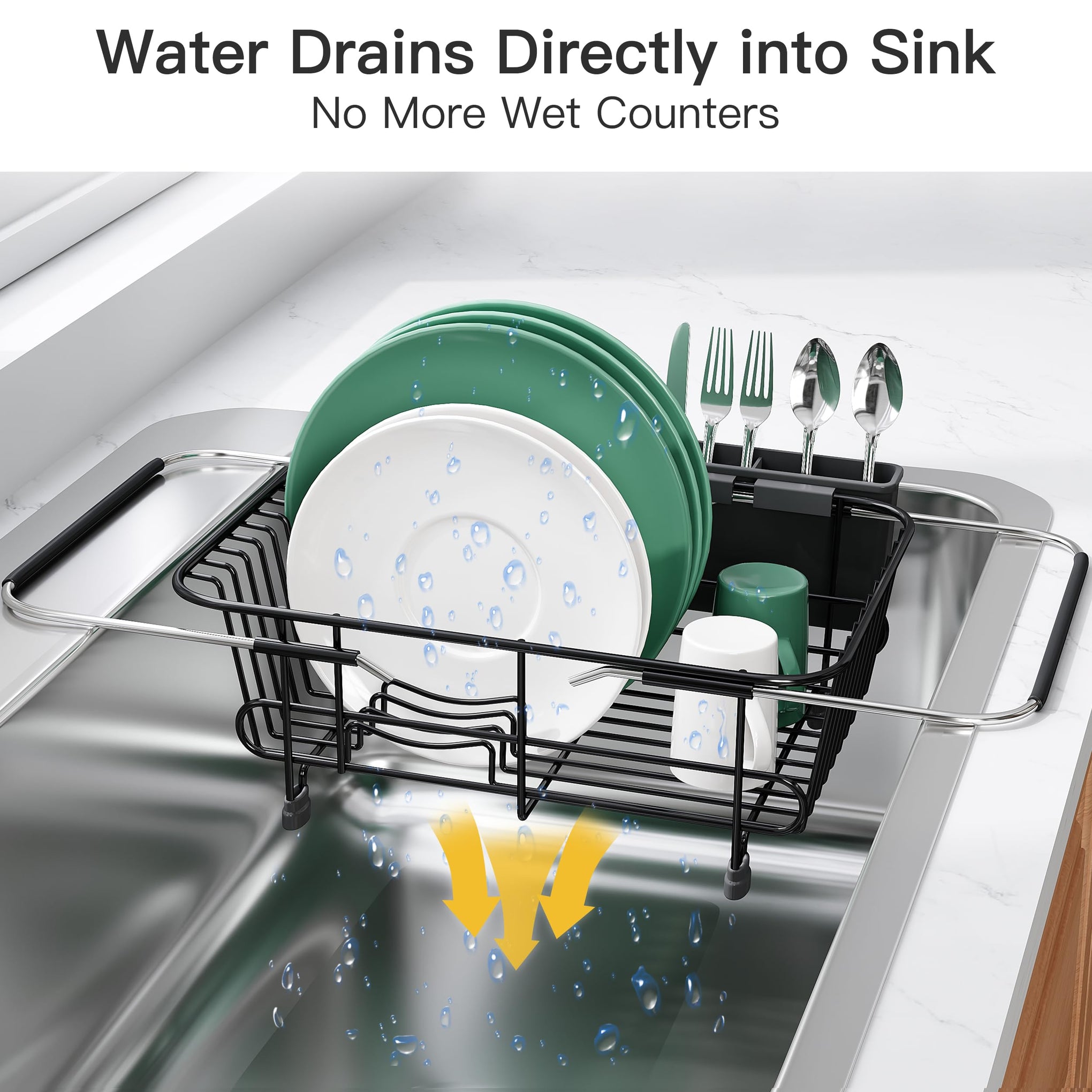 Black Dish Drying Rack in Sink with Utensil Holder