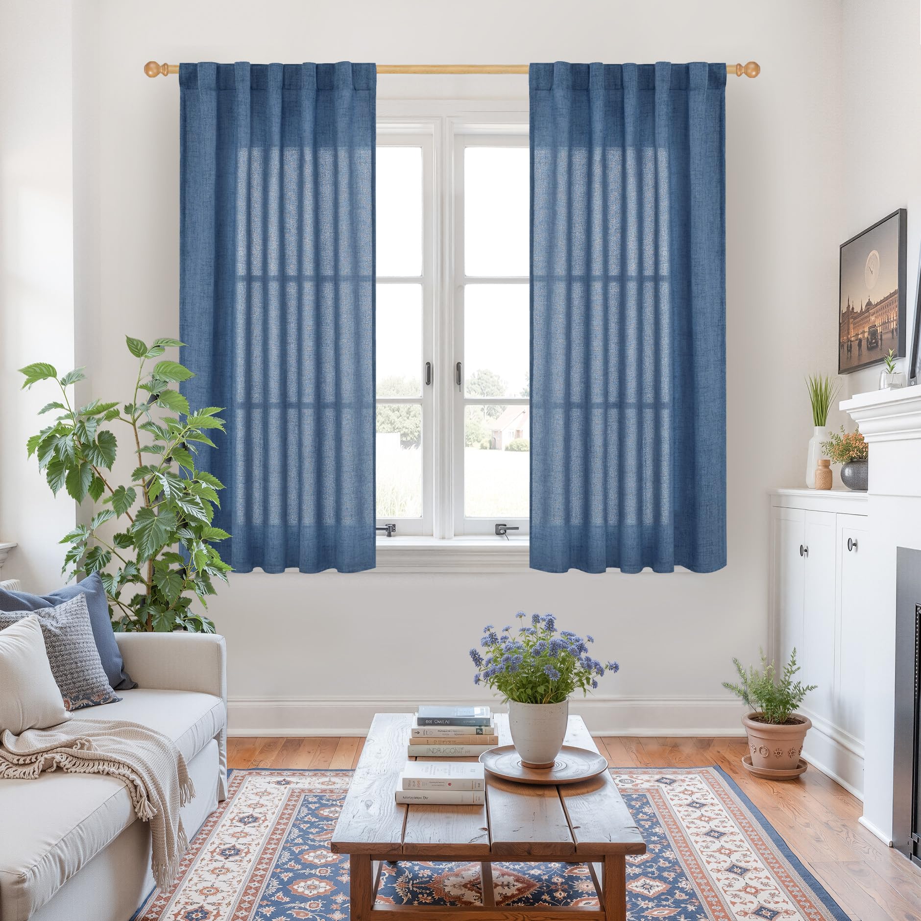 Navy Blue Linen Curtains 48 Inch Length (2 Count)