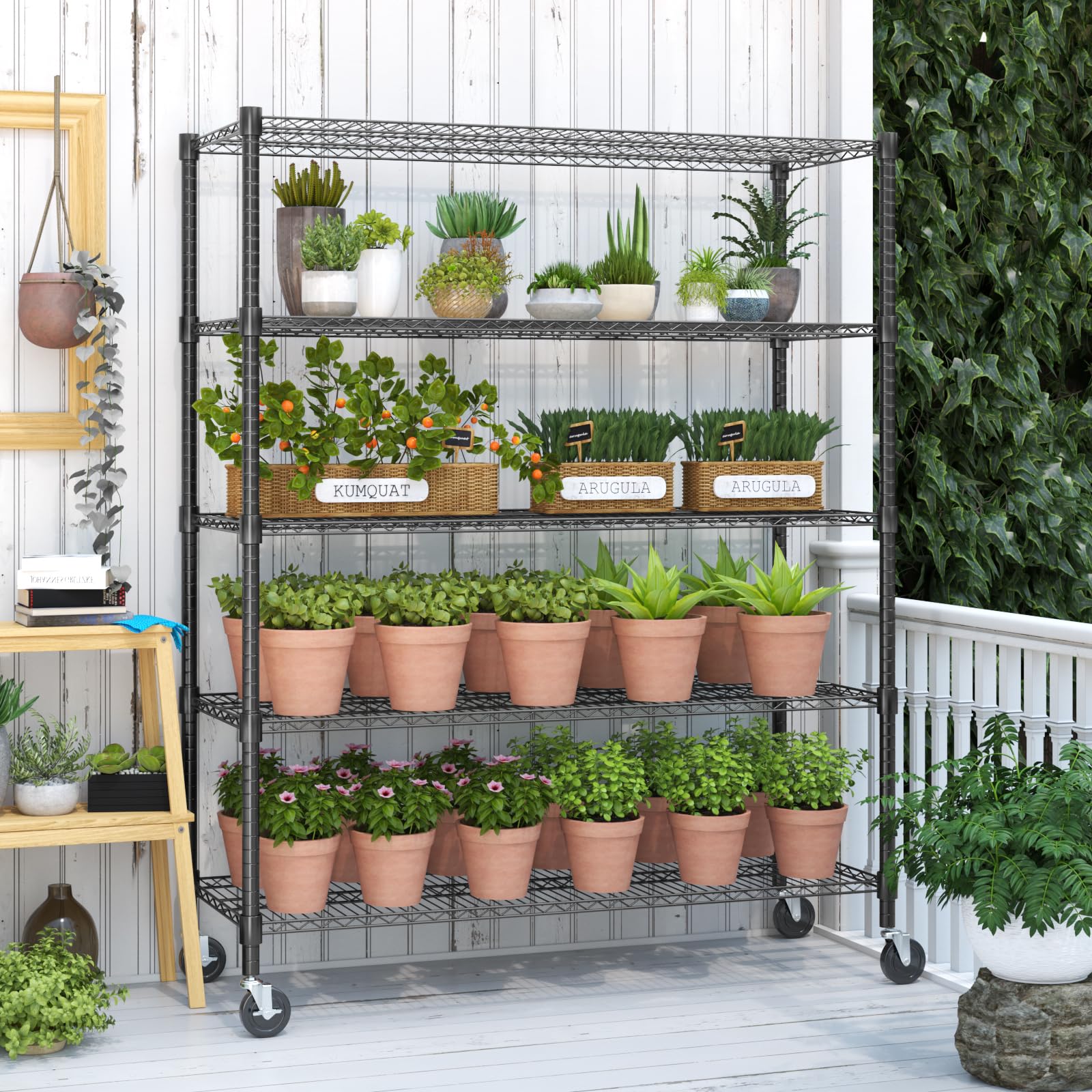 82" H Storage Shelves 5 Tier Metal Shelving Adjustable Wire Shelf with Wheels
