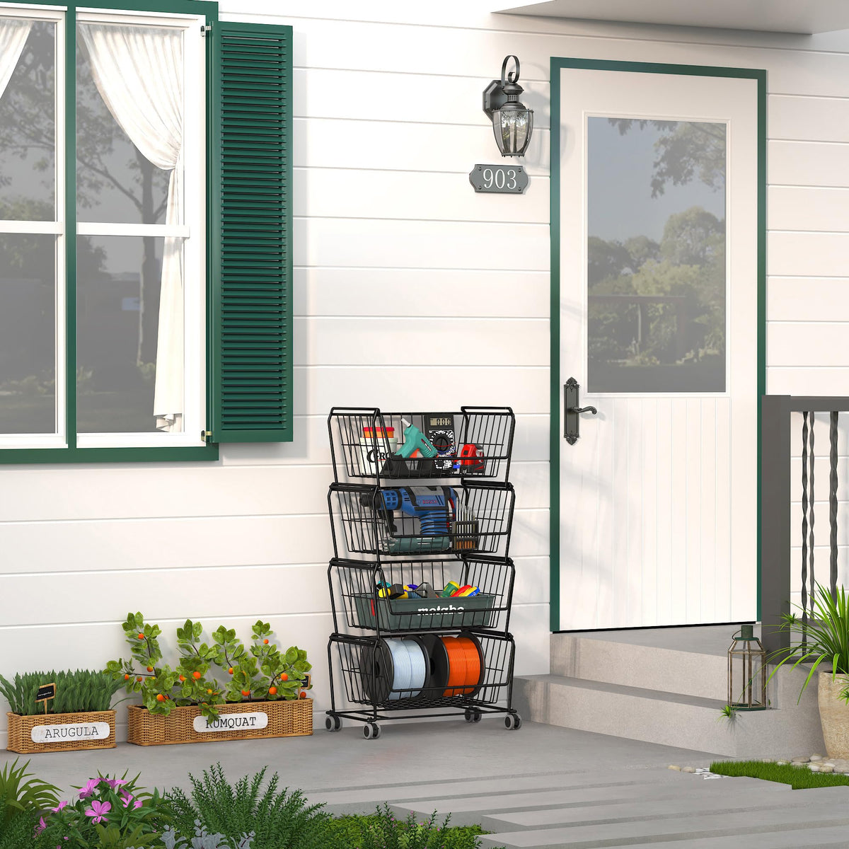 4 Tier Spacious Stackable Wire Storage Baskets with Wheels