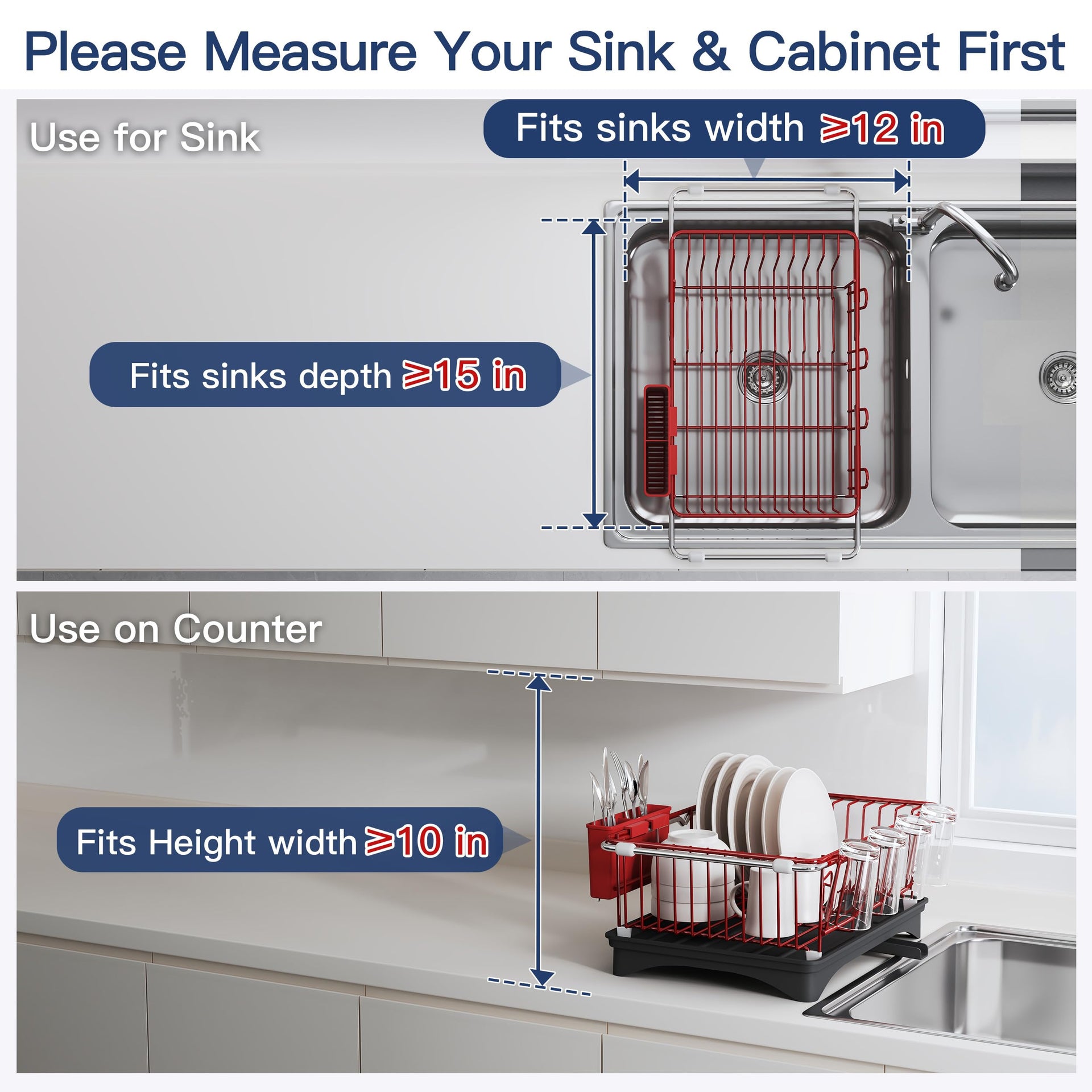 Red Dish Drying Rack in Sink with Drainboard and Utensil Holder