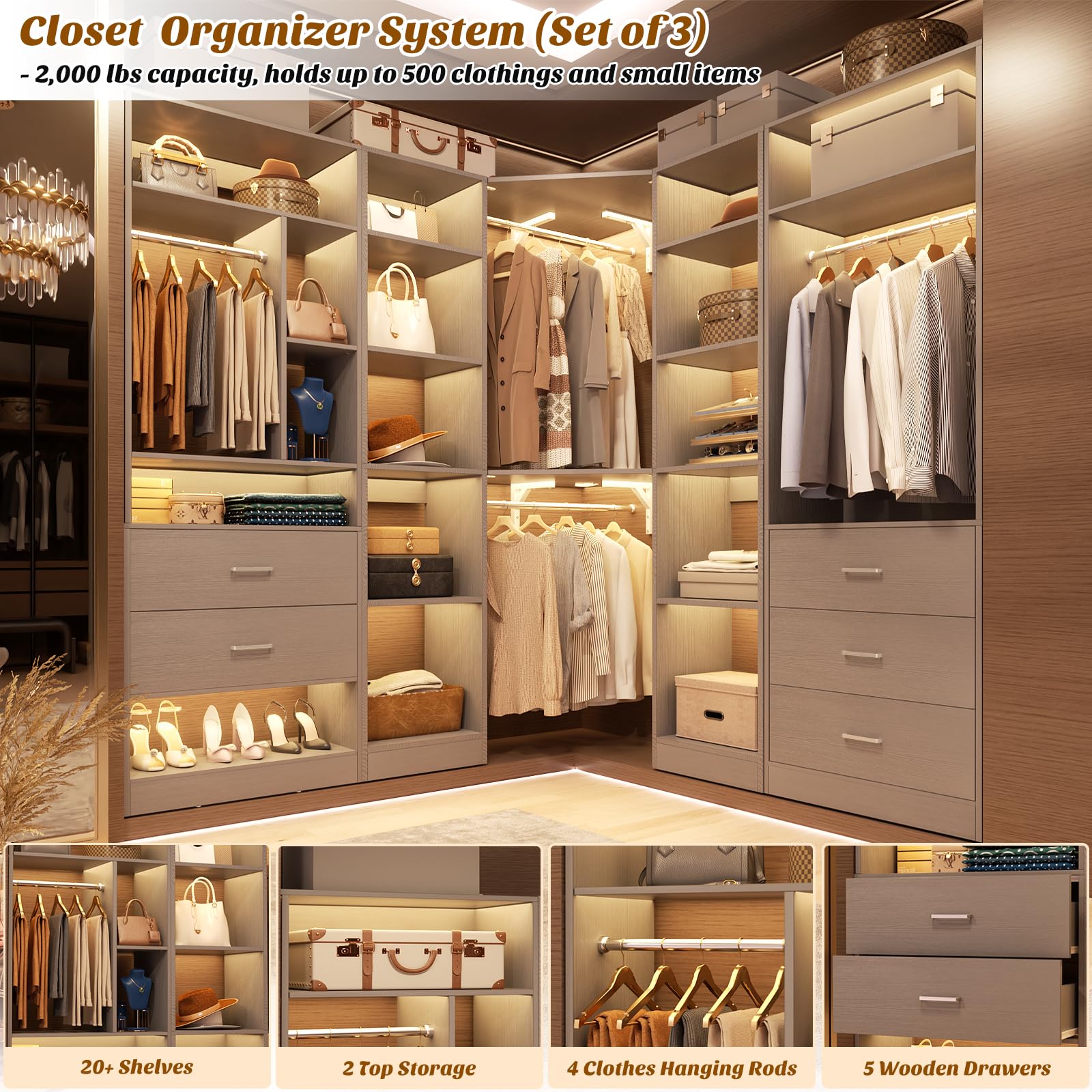 Corner Closet System with 5 Drawers