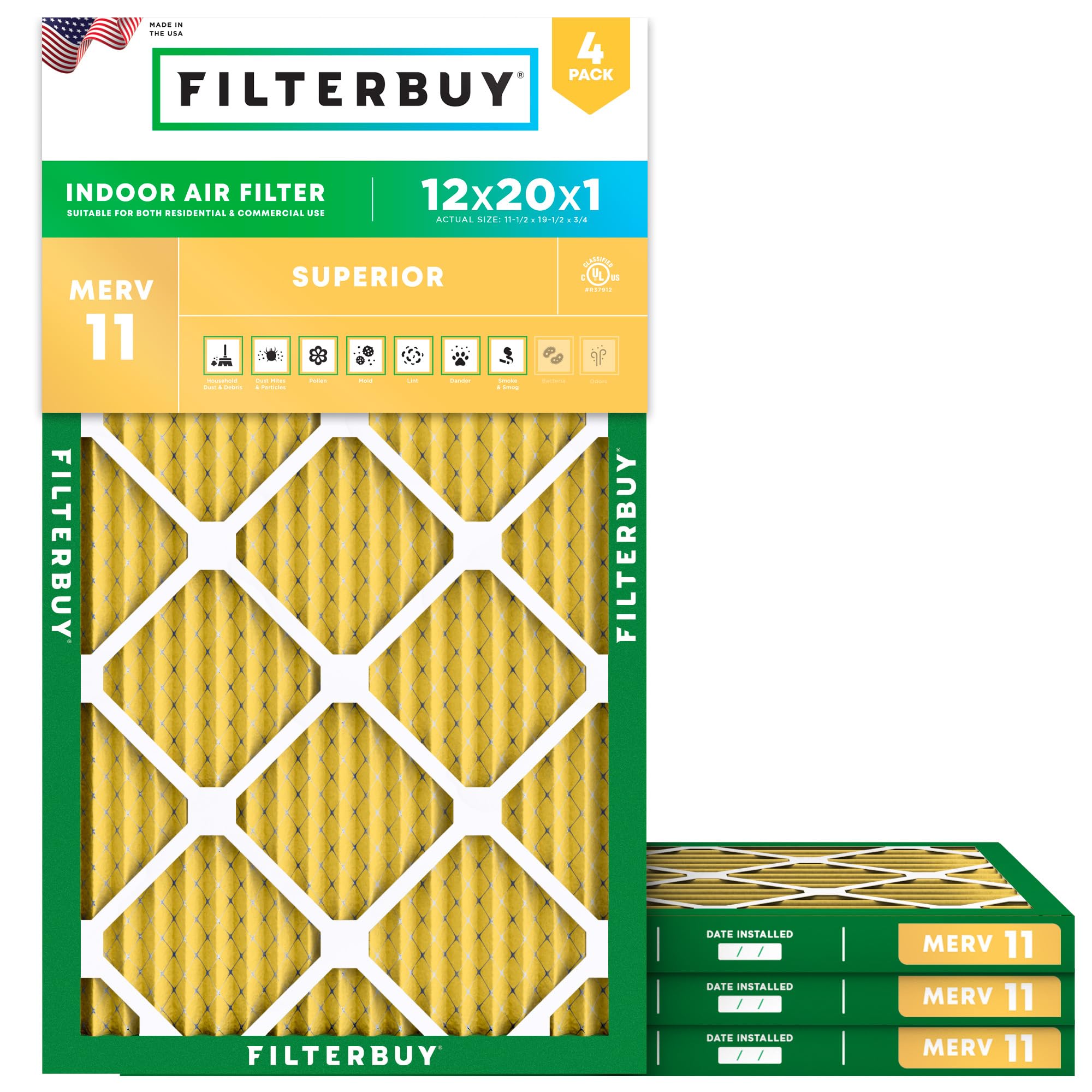12x20x1 Air Filter MERV 11 Pet & Allergy Defense (4 Count)