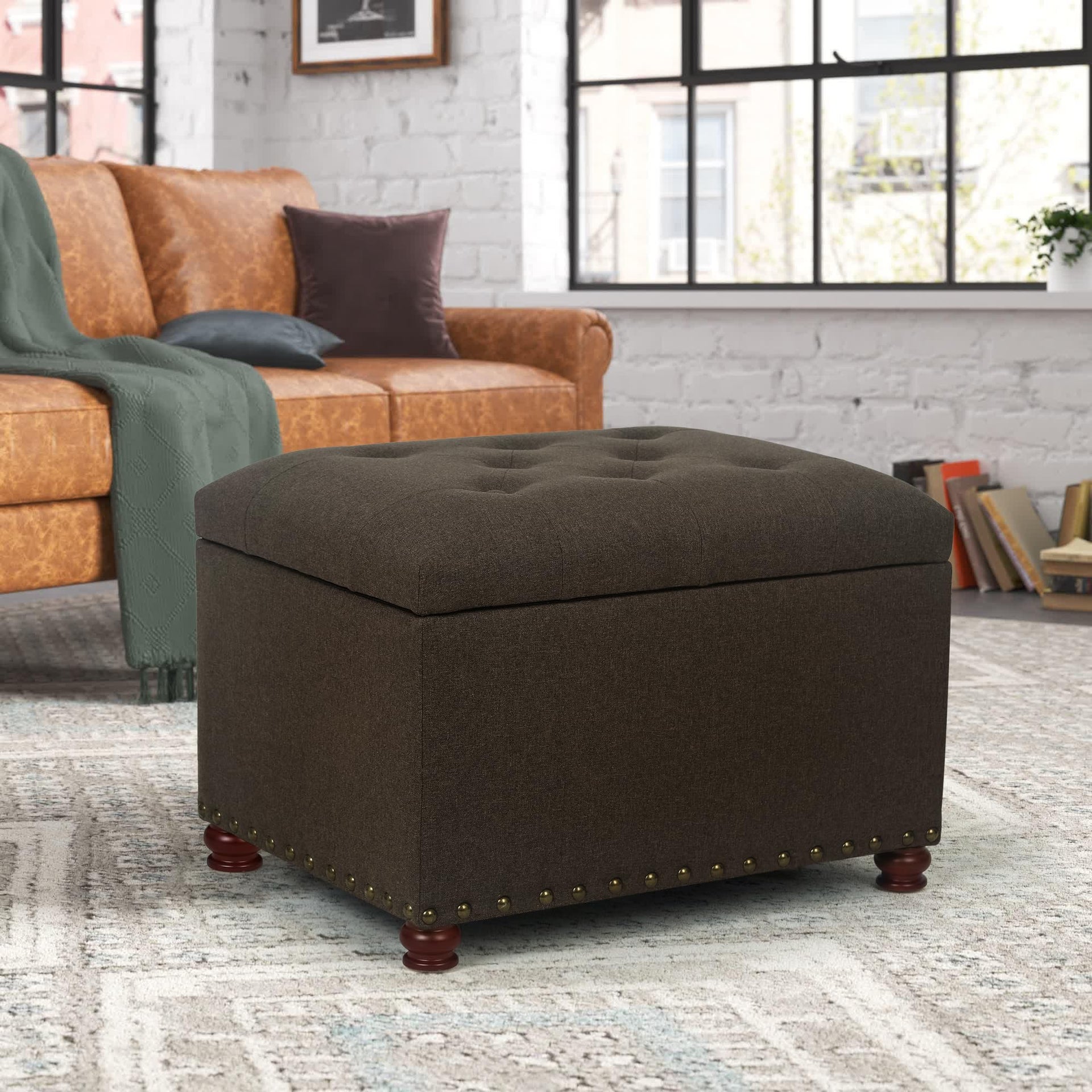 Storage Ottoman Linen Button Tufted Bench with Rivet