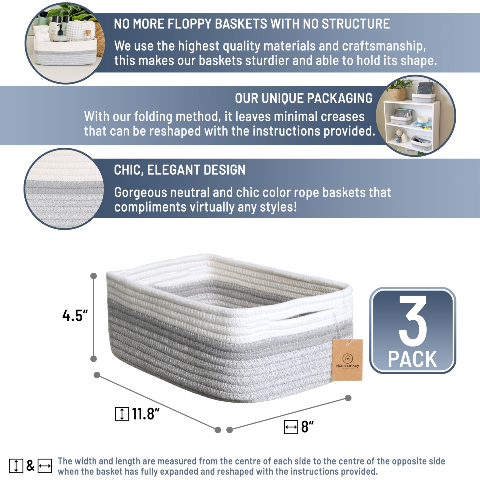 11.8"x8"x4.5” Storage Baskets for Shelves 3 Pack (3 Count)