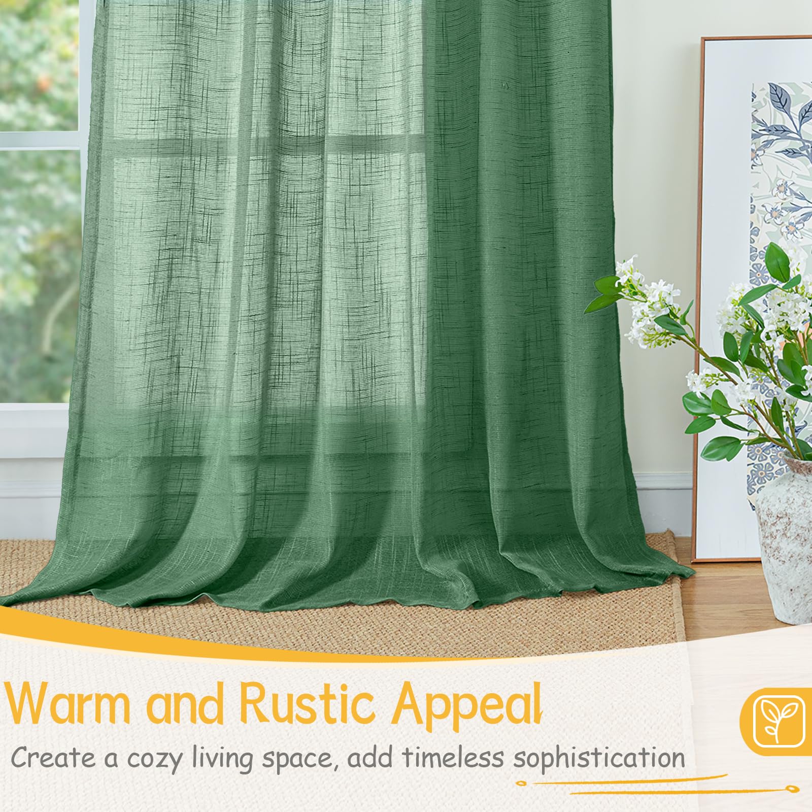 Green Linen Semi Sheer Curtains 63 Inch Length (2 Count)