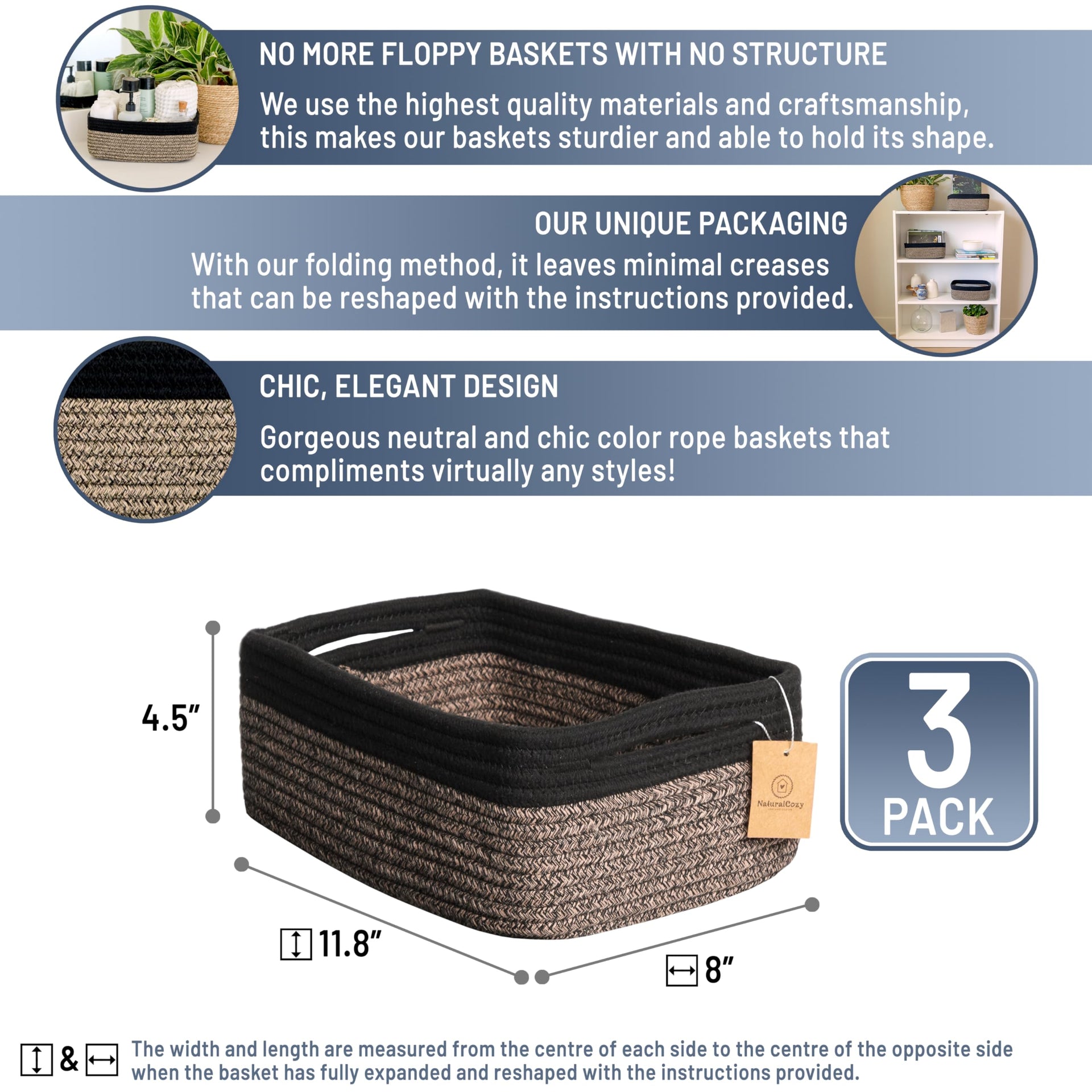 11.8"x8"x4.5” Rectangle Storage Baskets for Shelves 3 Pack (3 Count)