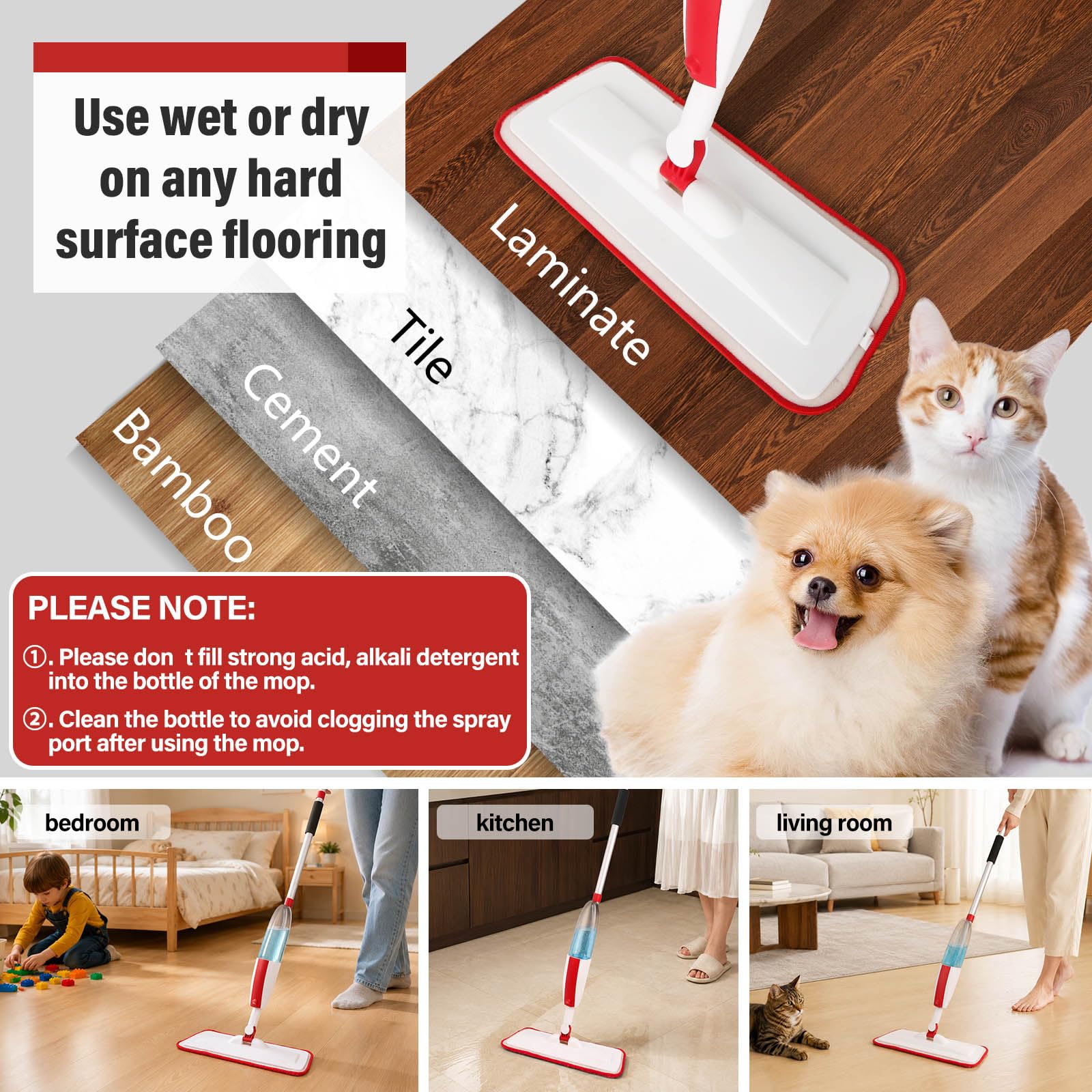 Wet Spray Mop for Floor Cleaning with 14 oz Bottle & 2 Microfiber Pads