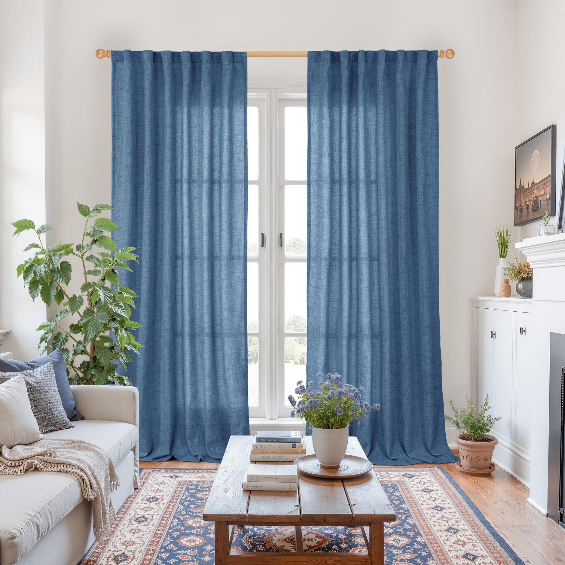 Navy Linen Curtains 95 Inch Length for Living Room (2 Count)