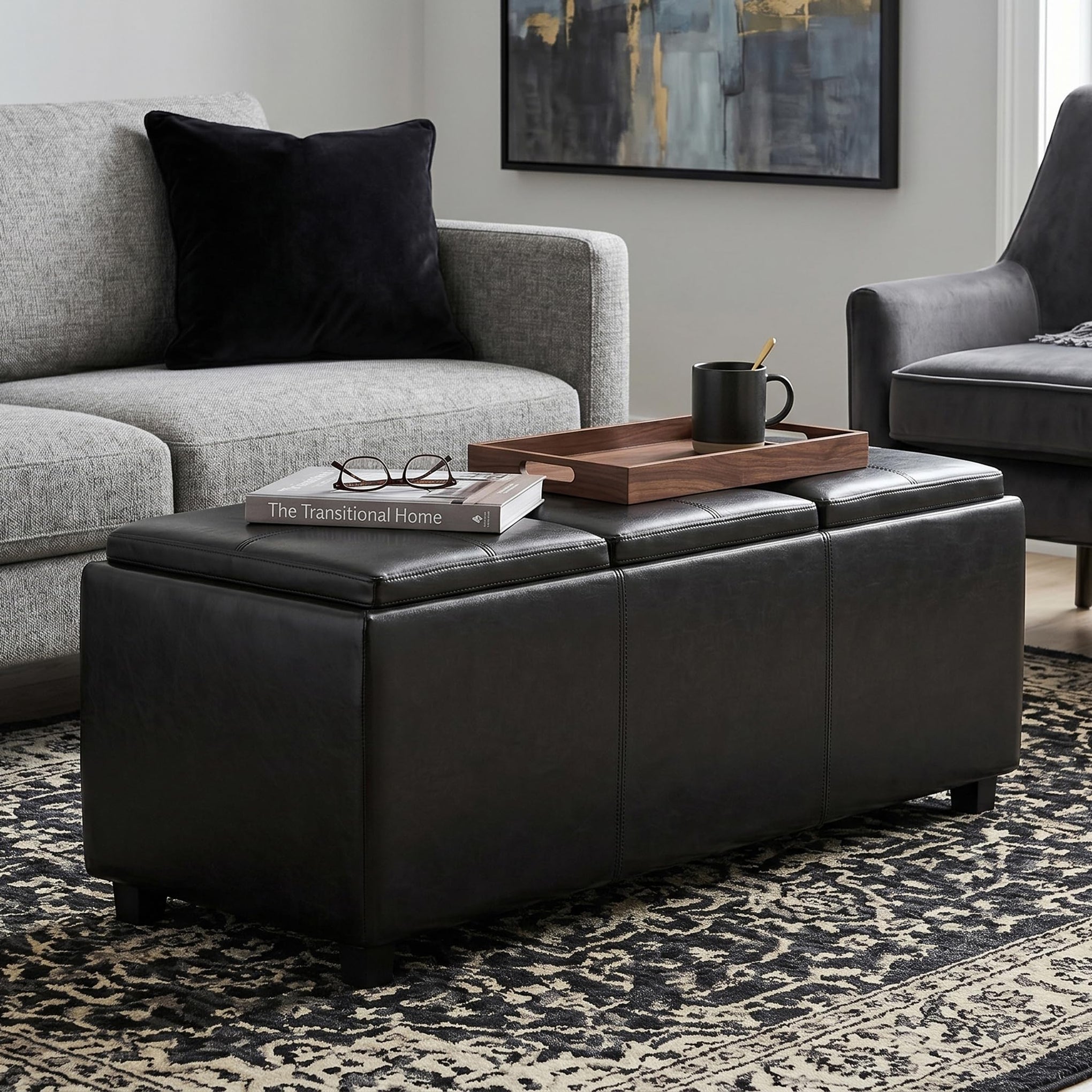 Avalon 42" Wide Vegan Leather Storage Ottoman in Midnight Black