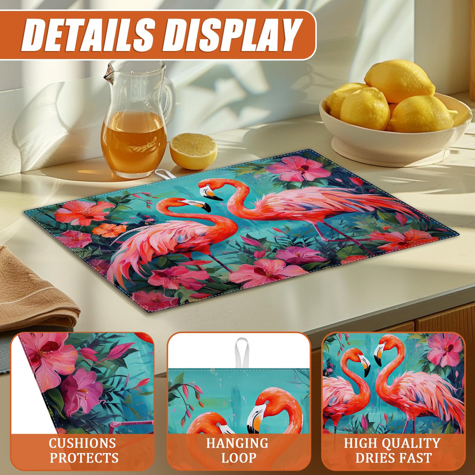 Tropical Flower Flamingo Dish Drying Mat for Kitchen Counter Microfiber Absorbent Dish Kitchen Drying Mat Draining Reusable Washable for Dishes