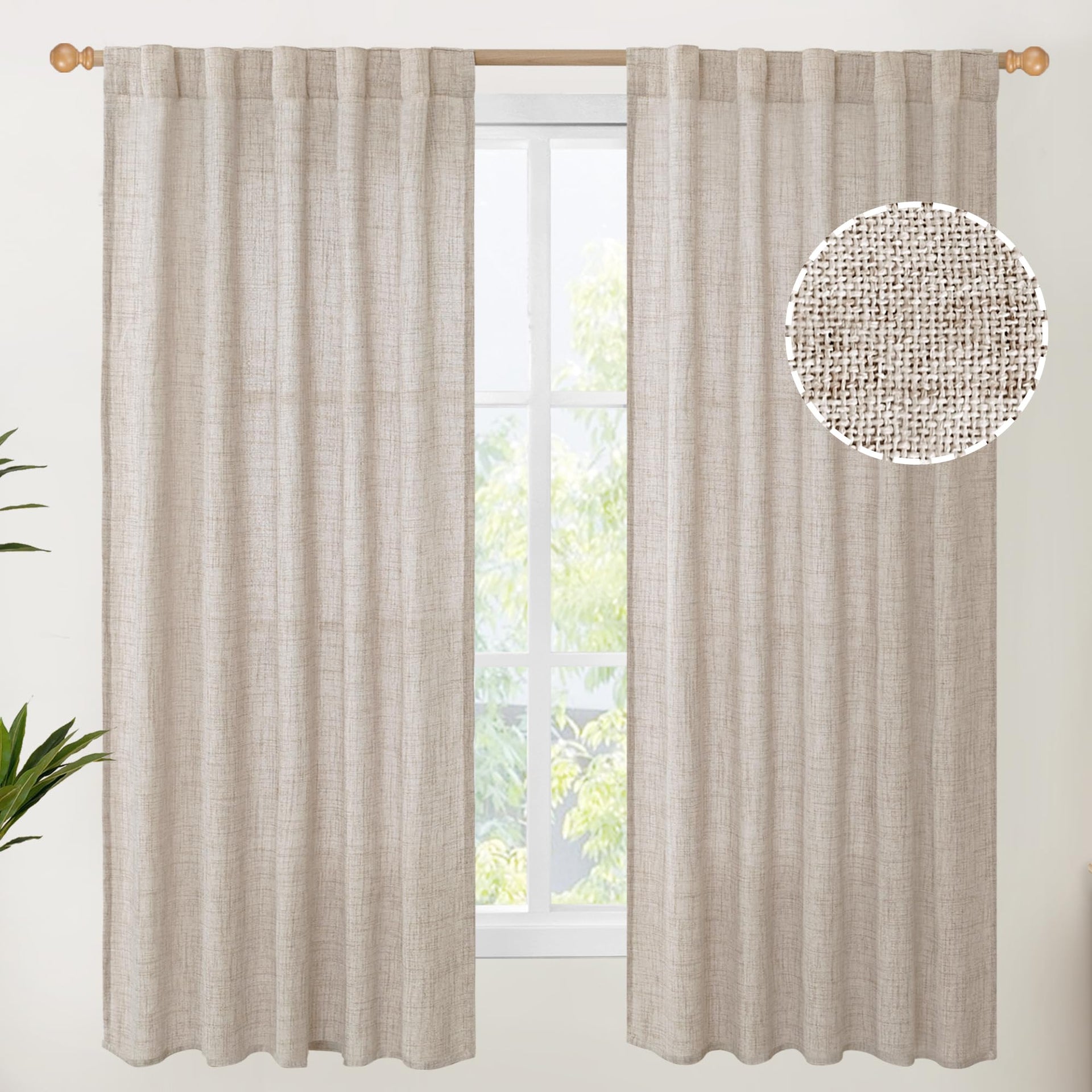 Linen Semi Sheer Curtains 63 Inch Length 2 Panels for Window (2 Count)
