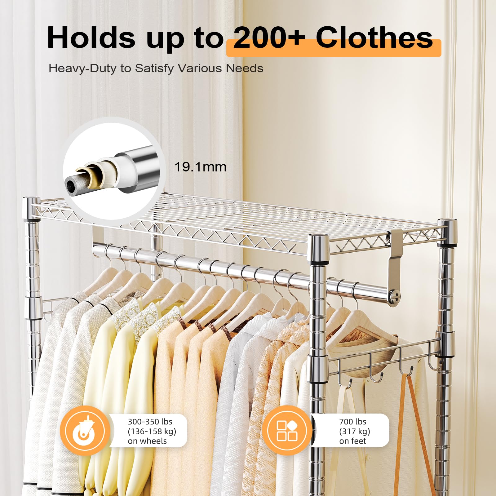 Heavy Duty Rolling Garment Rack 3 Tiers Adjustable Wire Shelving Clothes Rack with 2 Rods and Side Hooks
