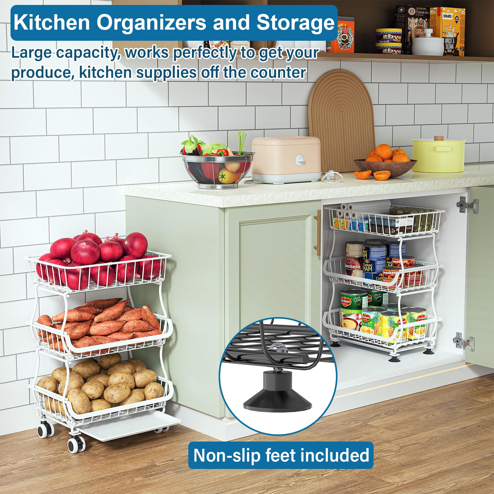 3 Tier Rolling Pantry Floor Organizers and Storage Cart with Wheels