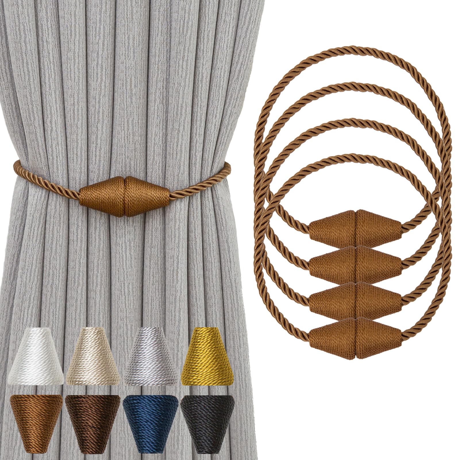 Magnetic Curtain Tiebacks 4 Pack Outdoor Rope Curtain Tie Backs Decorative Window Treatment Holdbacks for Home Decorative Curtain (4 Count)