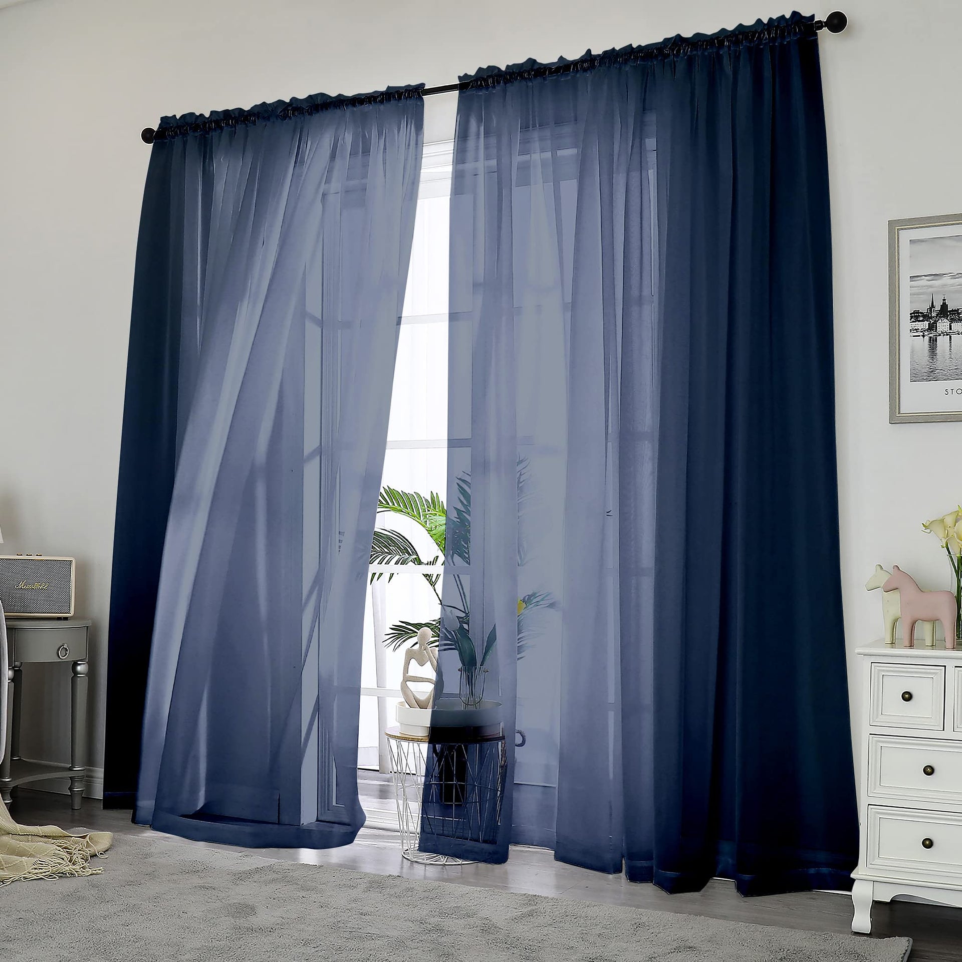 Navy Blue Sheer Curtains 84 Inches Long 2 Panels