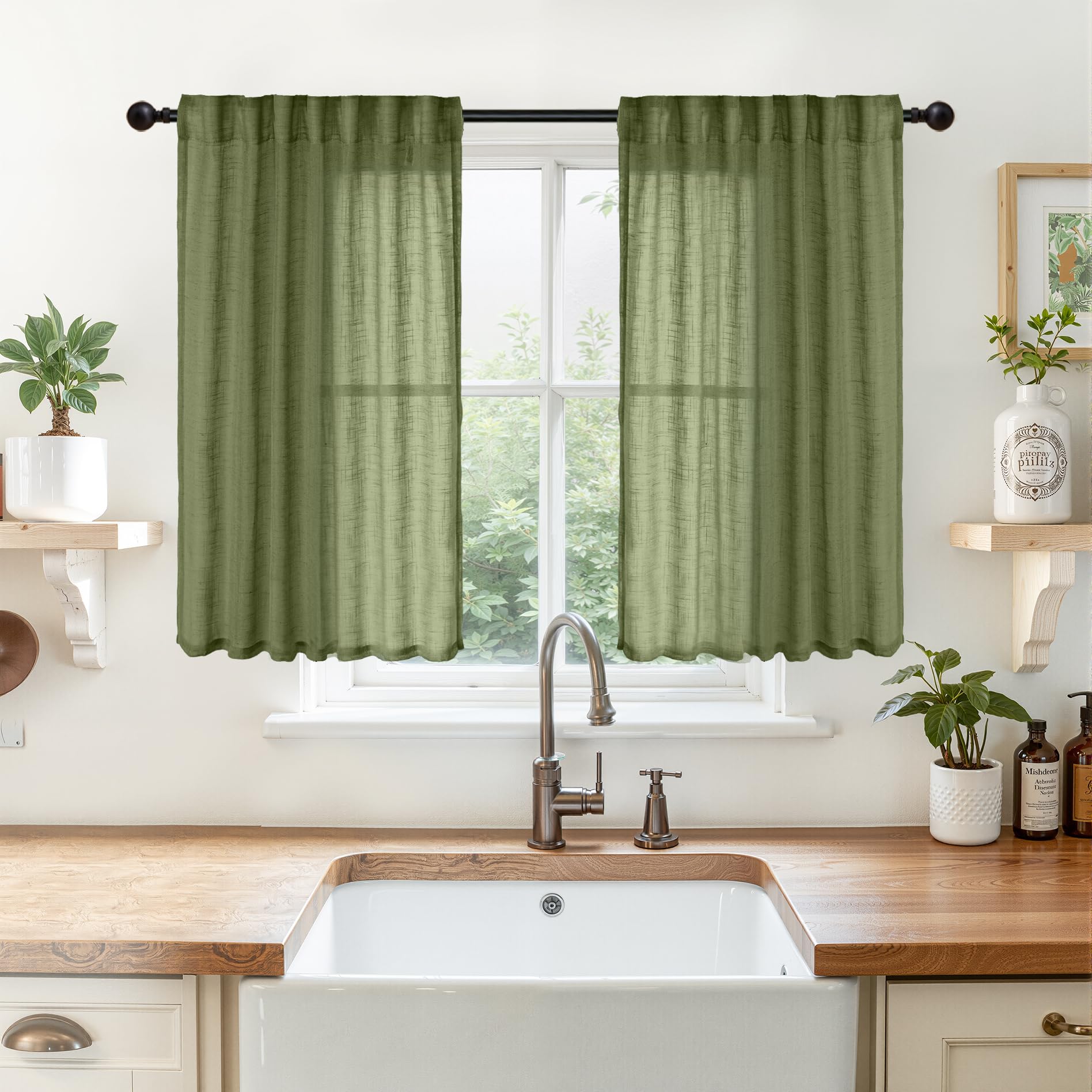Olive Green Linen Curtains 40 Inch Length (2 Count)