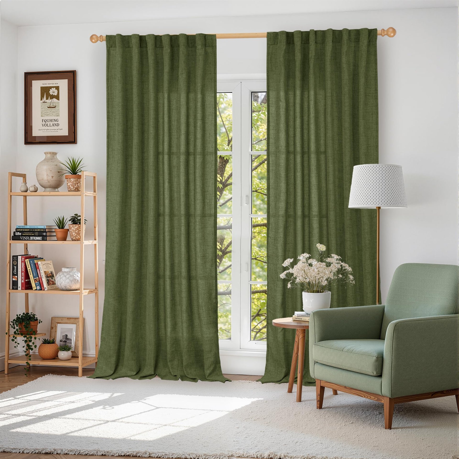 Dark Green Linen Curtains for Living Room 84 Inch Length (2 Count)