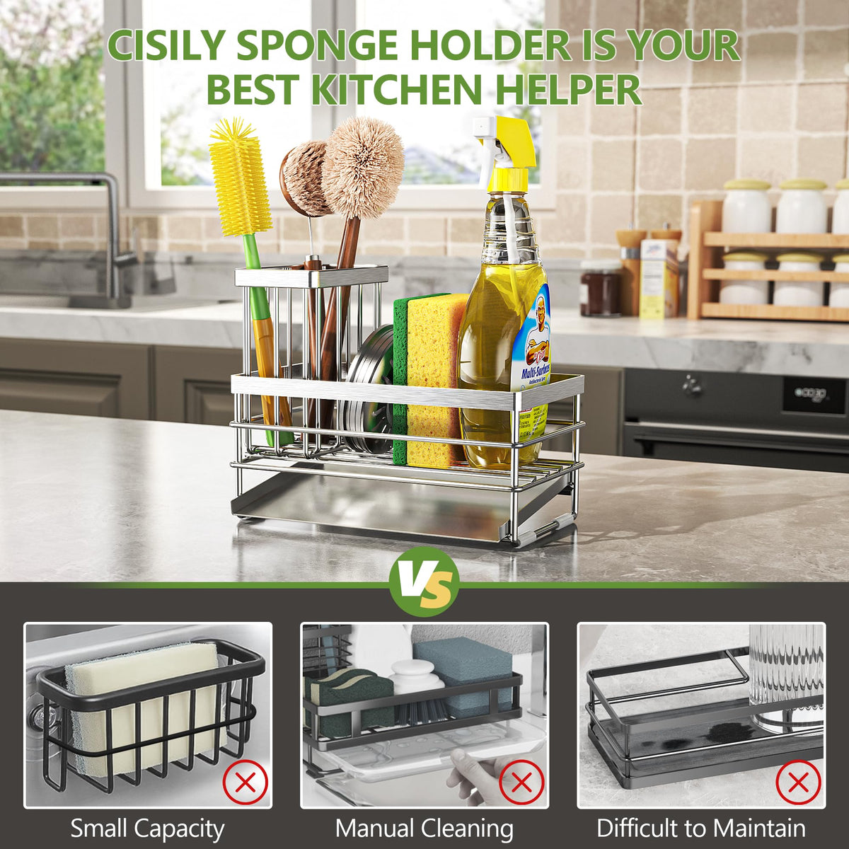 Sink Caddy Sponge Holder for Kitchen with Brush Holder and Stainless Steel Self Drain Tray
