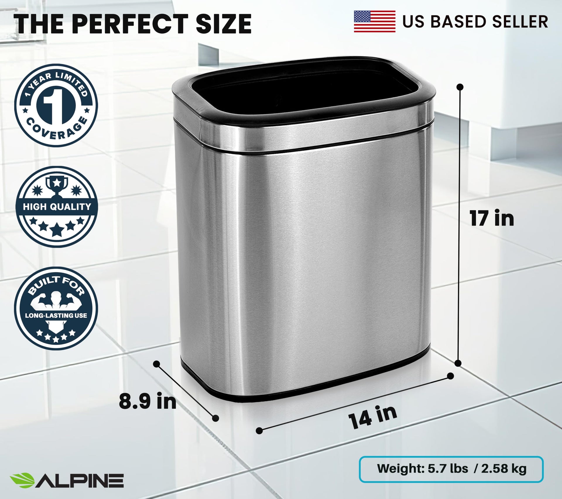 Stainless Steel Open Top Trash Can 5 Gallon