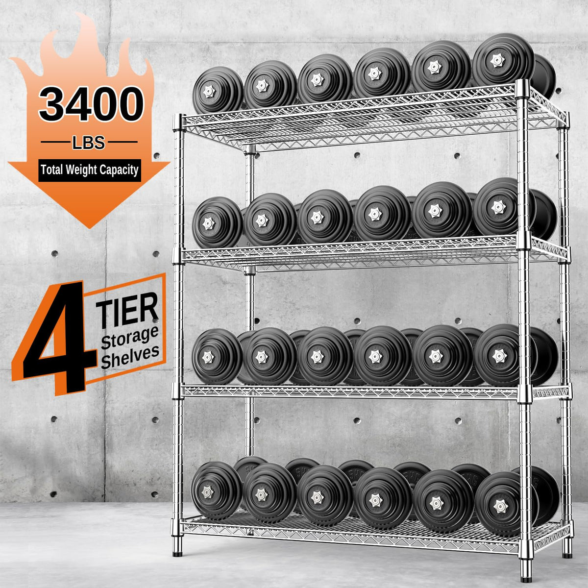 3400 LBS Garage Shelving Wide Storage Shelves 4 Tier Metal Shelves Heavy Duty Adjustable Utility Shelf Rack Chrome 17.7" D x 59.1" W x 70.4" H (4 Count)