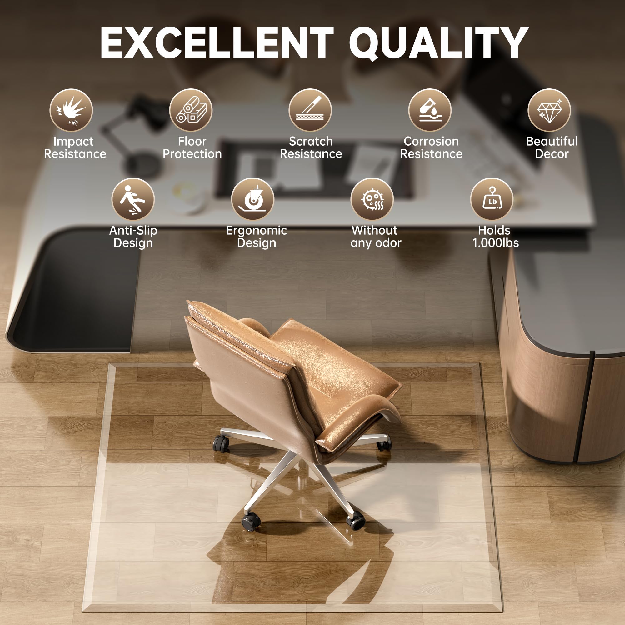 Tempered Glass] 50“ x 44” Beveled Edge Glass Chair Mat with Polished Edge Clear Office Chair Mat