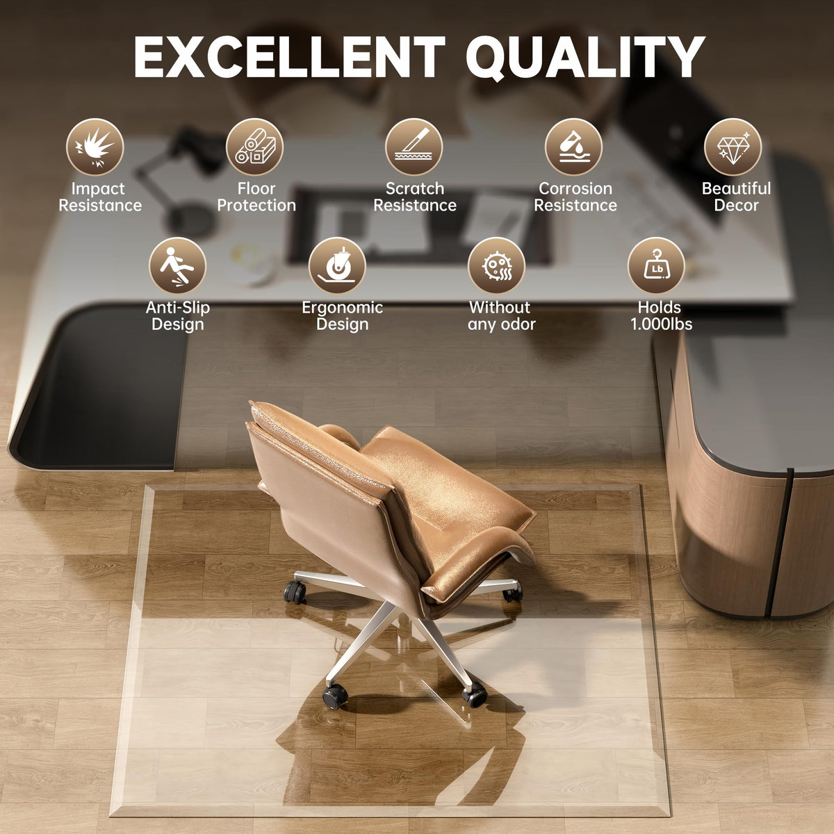 Tempered Glass] 59“ x 47” Beveled Edge Glass Chair Mat with Polished Edge Clear Office Chair Mat
