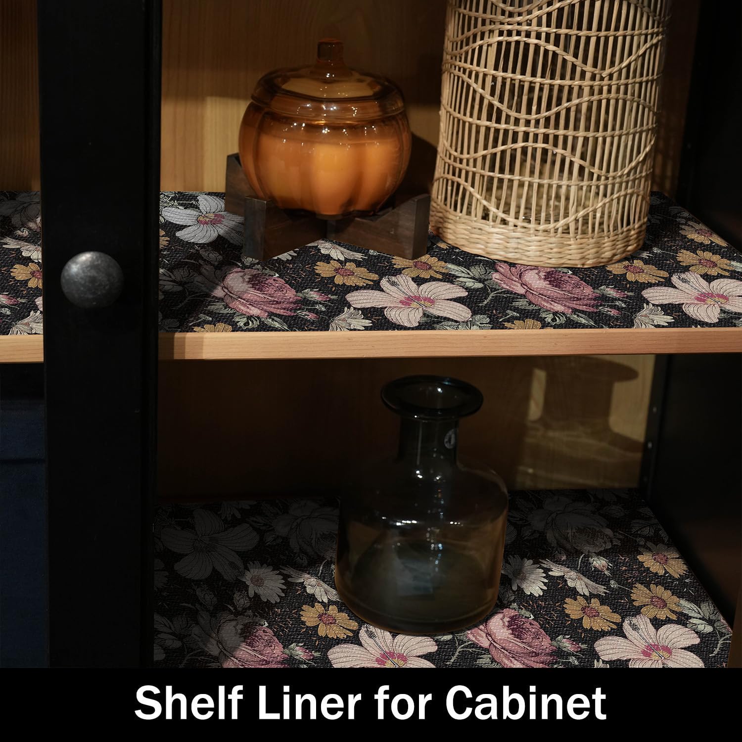 Black Retro Floral Shelf Drawer Liner for Kitchen 16IN x 10FT (12.96 Sq Ft)