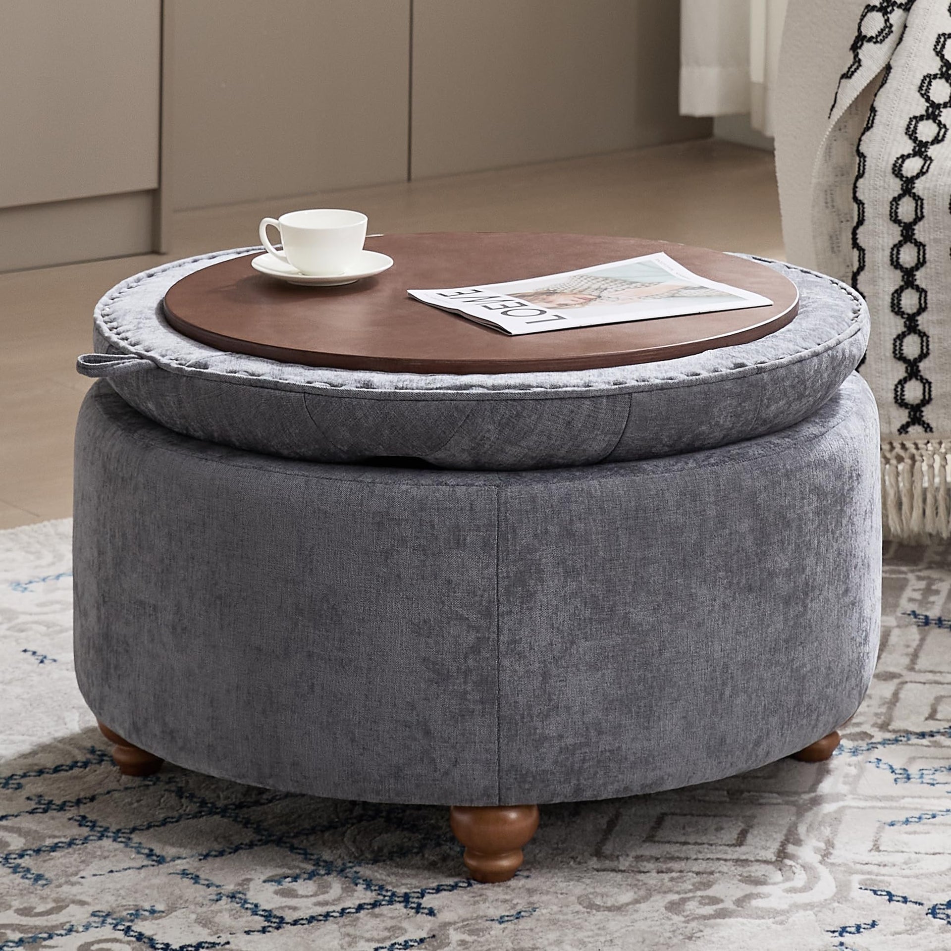 30Inch Round Storage Ottoman with Tray