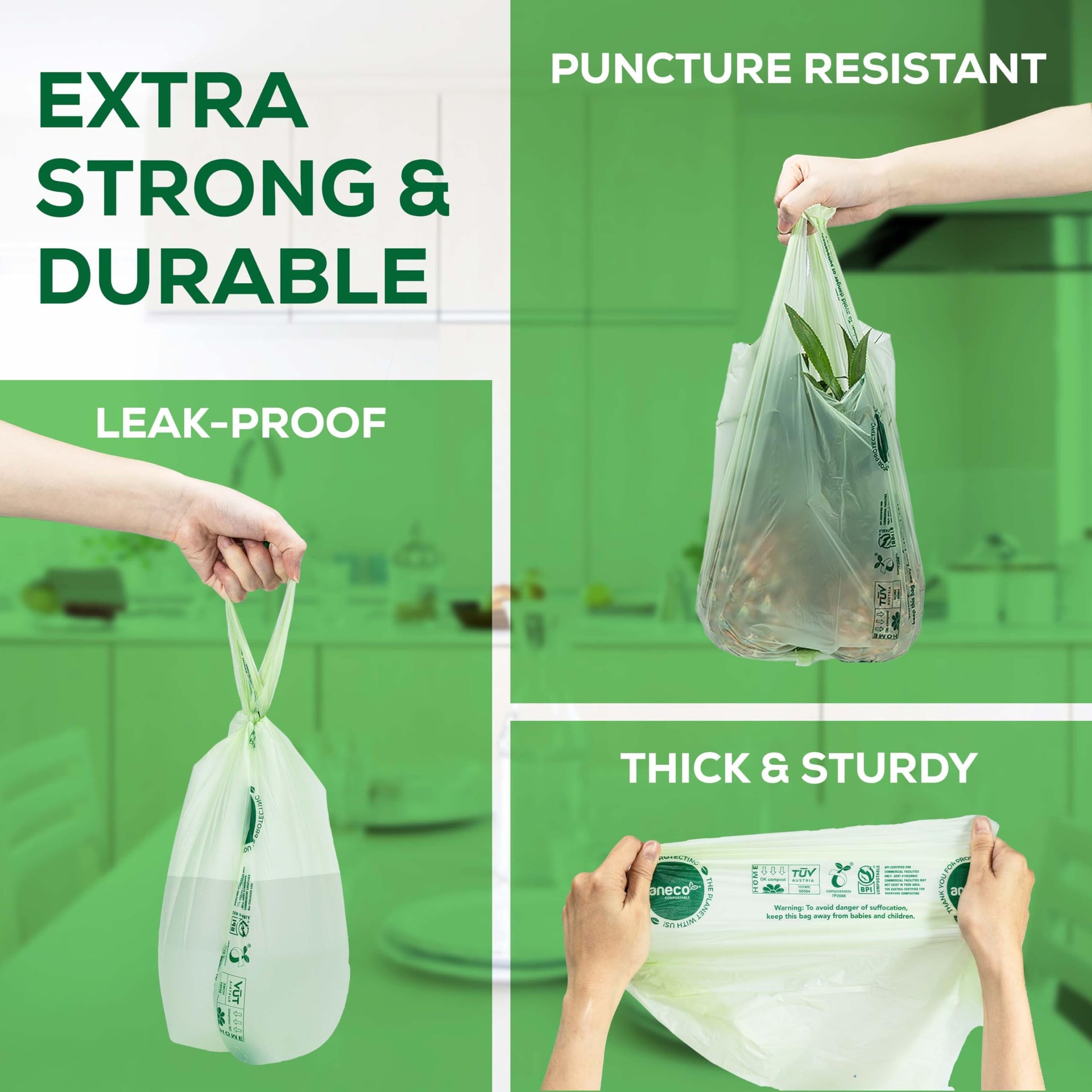 100% Compostable Food Waste Bags 2.6 Gallon With Handles (45 Count)