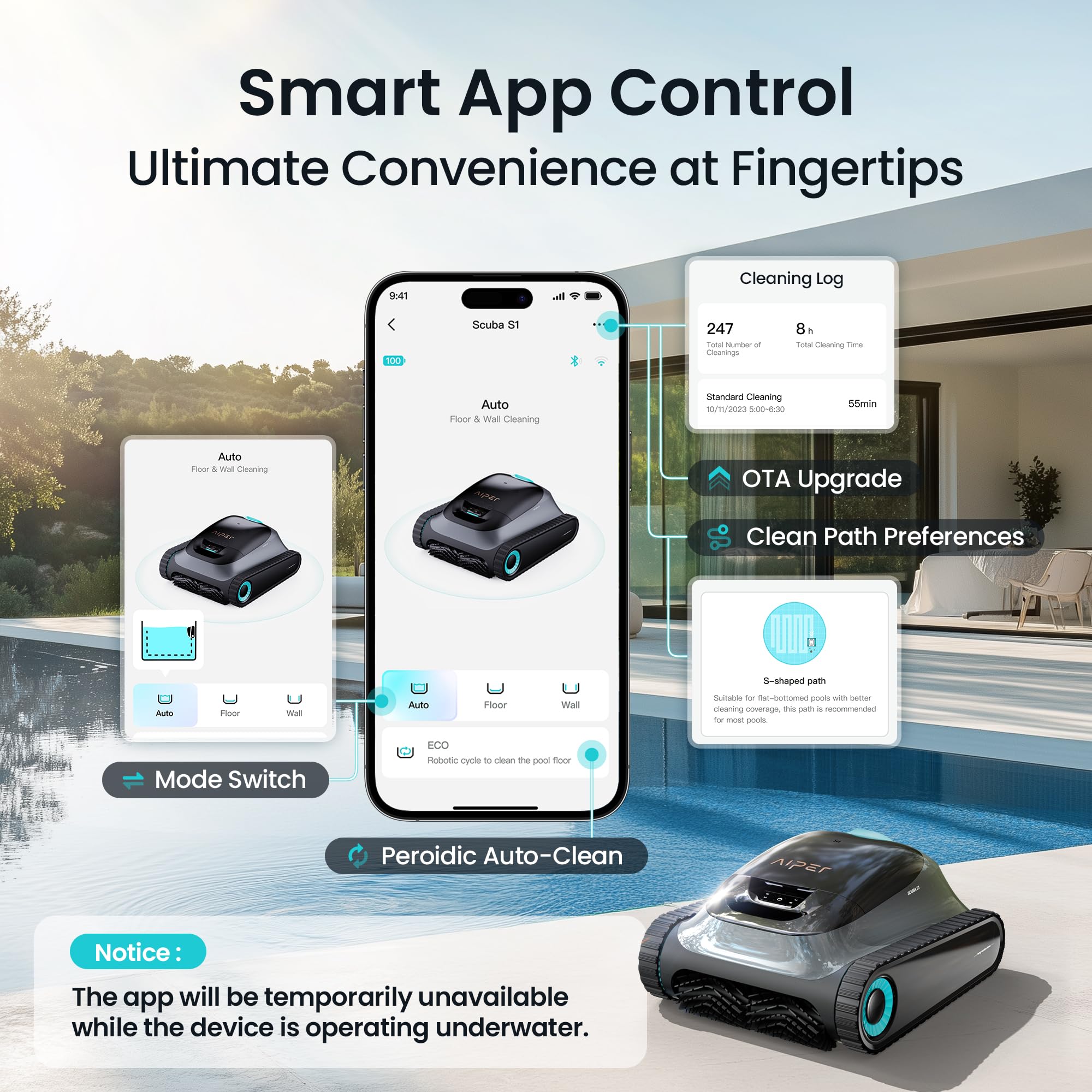 2026 Upgrade) (Renewed) Aiper Scuba S1 Robotic Pool Cleaner,270 Min Runtime, Floor/Wall/Waterline/Shallow Area Cleaning, Ultra-fine Filter, Smarter Navigation, App Support-Black