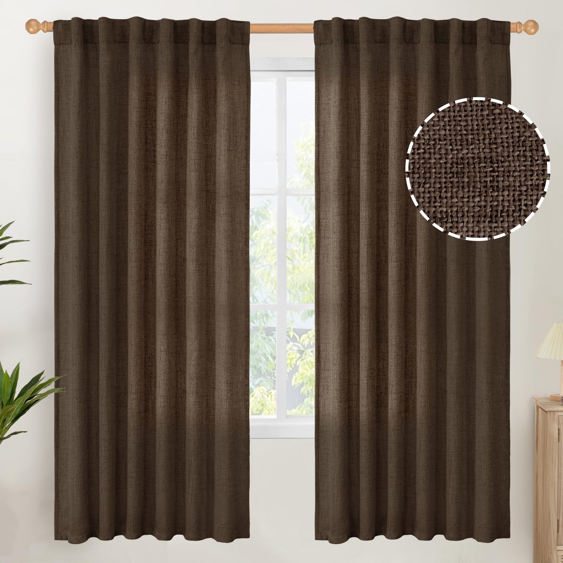 Dark Brown Linen Curtains for Living Room 2 Panels (2 Count)