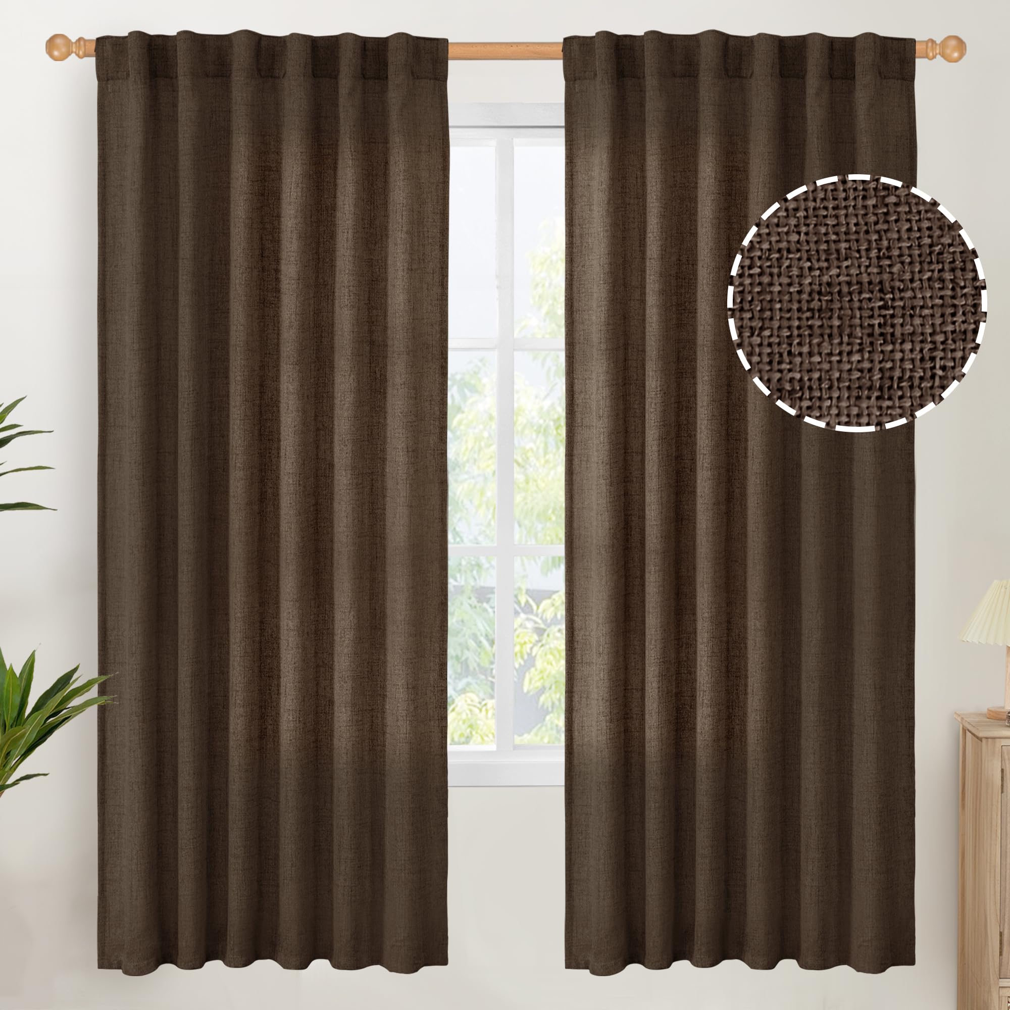 Dark Brown Linen Curtains for Living Room 2 Panels (2 Count)