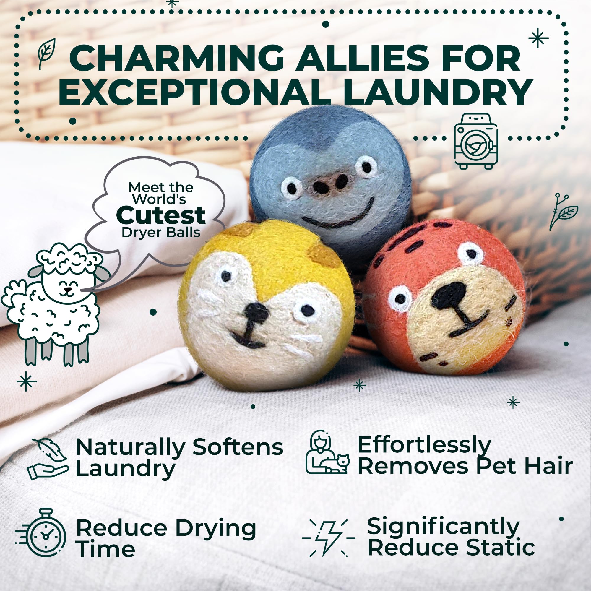 Chemical Free & Baby Safe! Reusable Wool Dryer Balls XL 6 (6 Count)