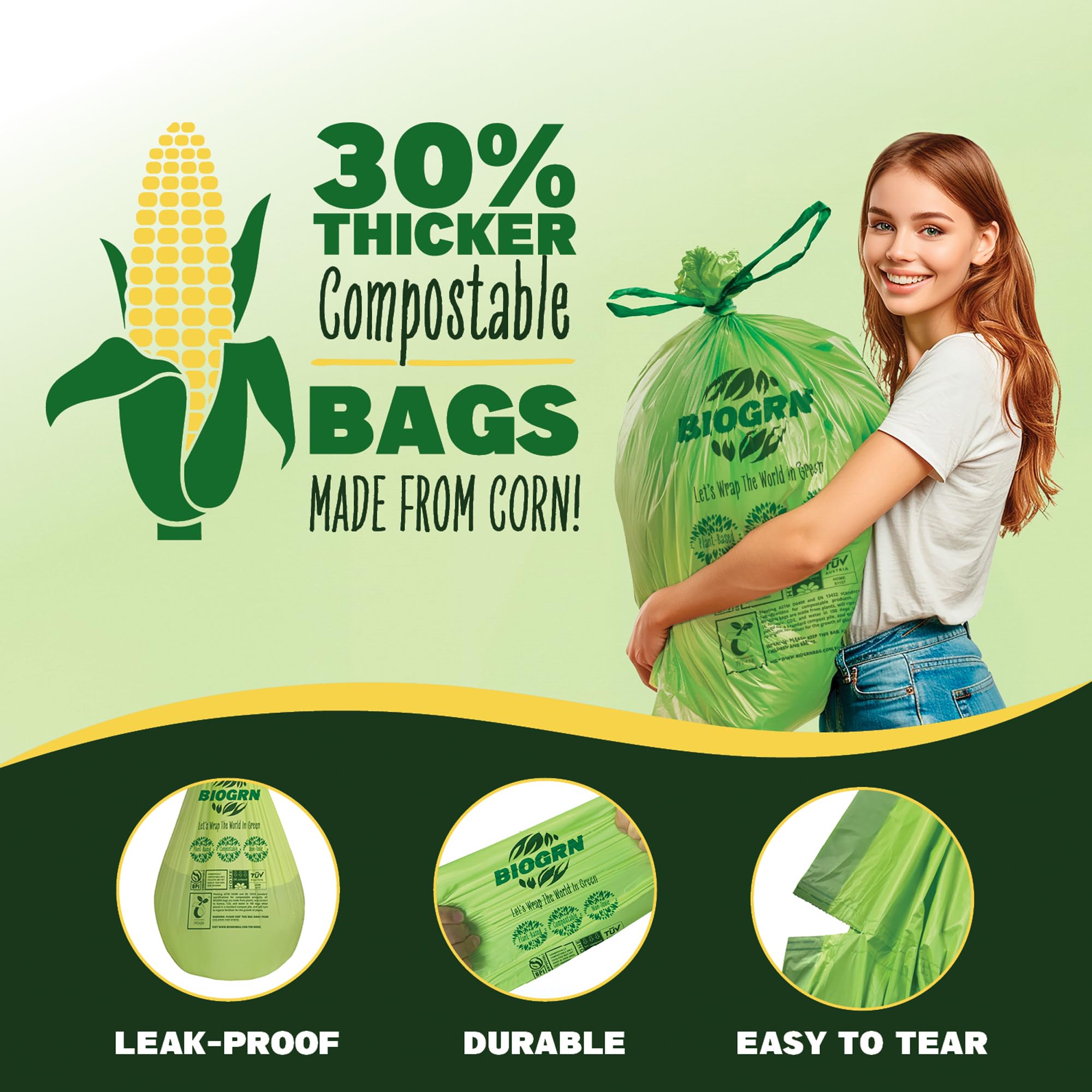 10 13 Gallon Compostable Trash Bags Drawstring 30 Bags Heavy Duty Extra Thick 1 Mil 49.21 Liter Biodegradable Trash Bags Compost Bags Green for Kitchen ASTM D6400 US BPI and OK Compost Home Certified (30 Count)