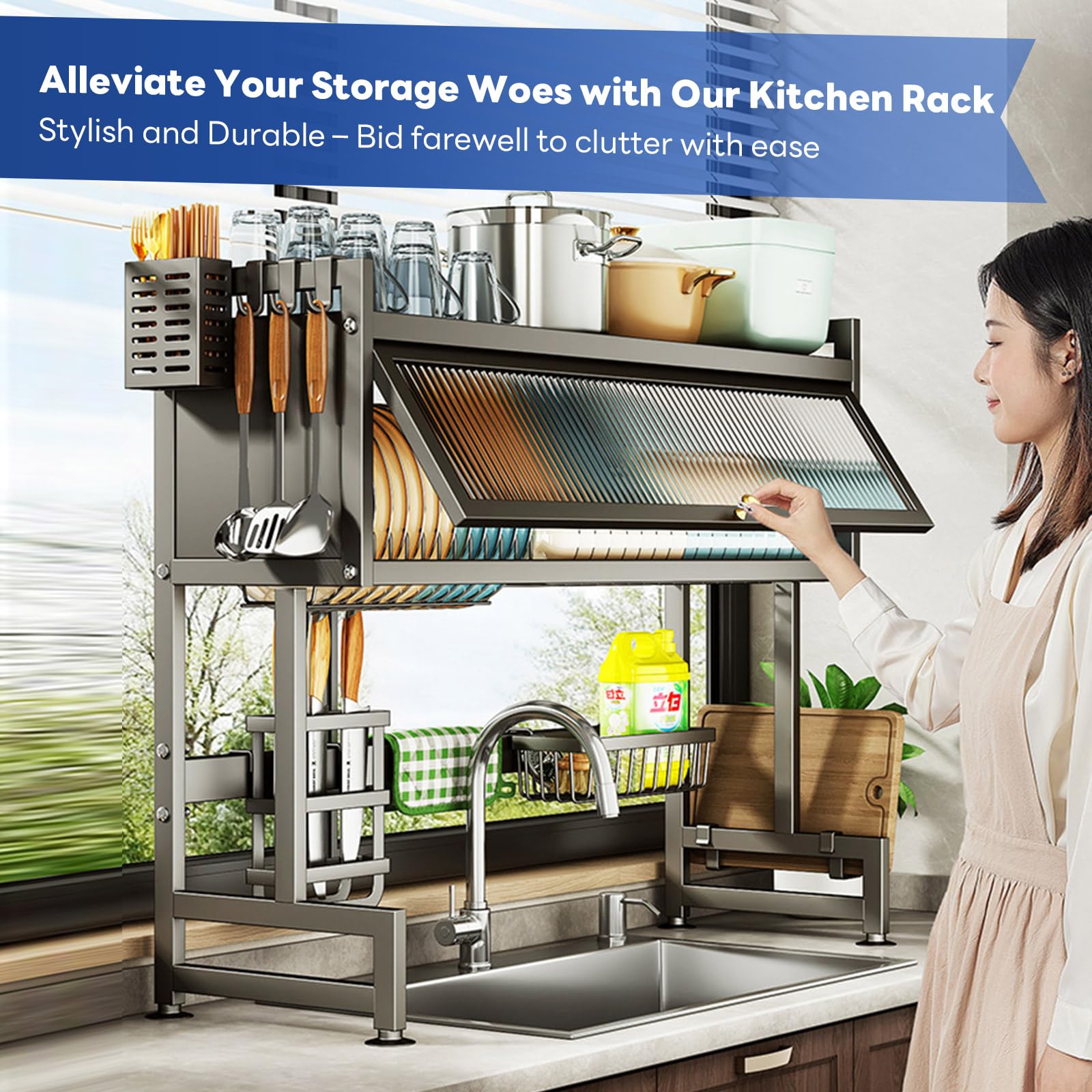 Over the Sink Dish Drainer Drying Rack 3 Tier with Cover