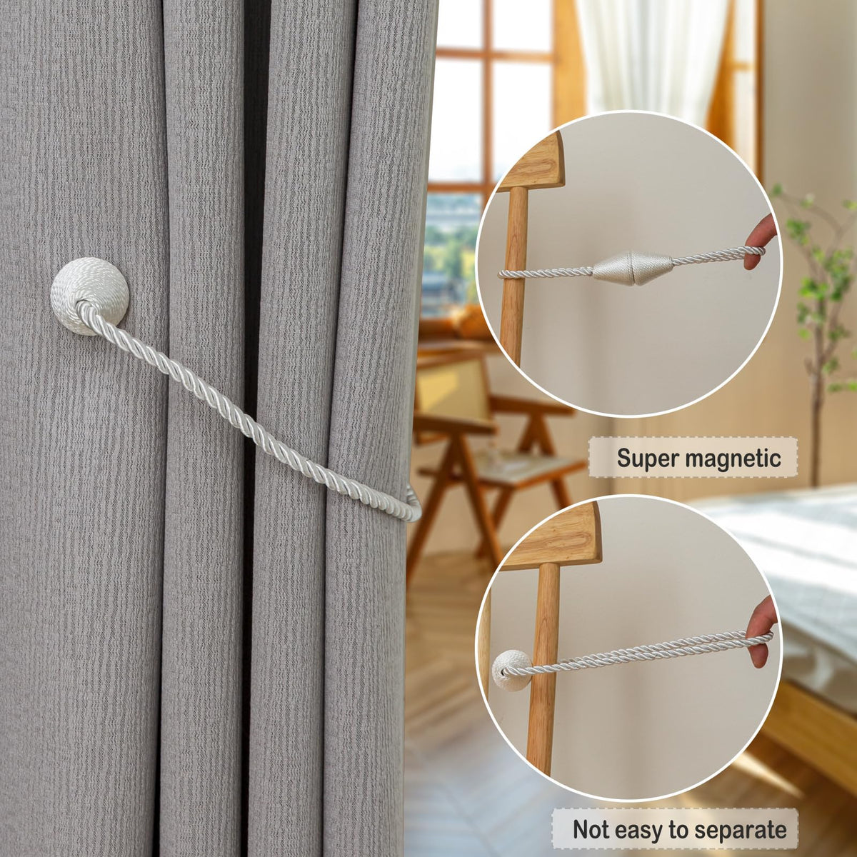 Magnetic Curtain Tiebacks 4 Pack Outdoor Rope Curtain Tie Backs Decorative Window Treatment Holdbacks for Home Decorative Curtain (4 Count)