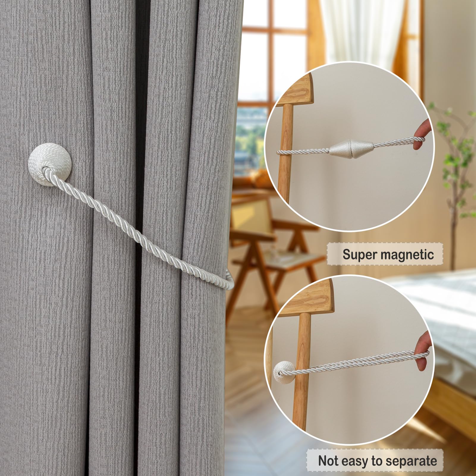 Magnetic Curtain Tiebacks 4 Pack Outdoor Rope Curtain Tie Backs Decorative Window Treatment Holdbacks for Home Decorative Curtain (4 Count)