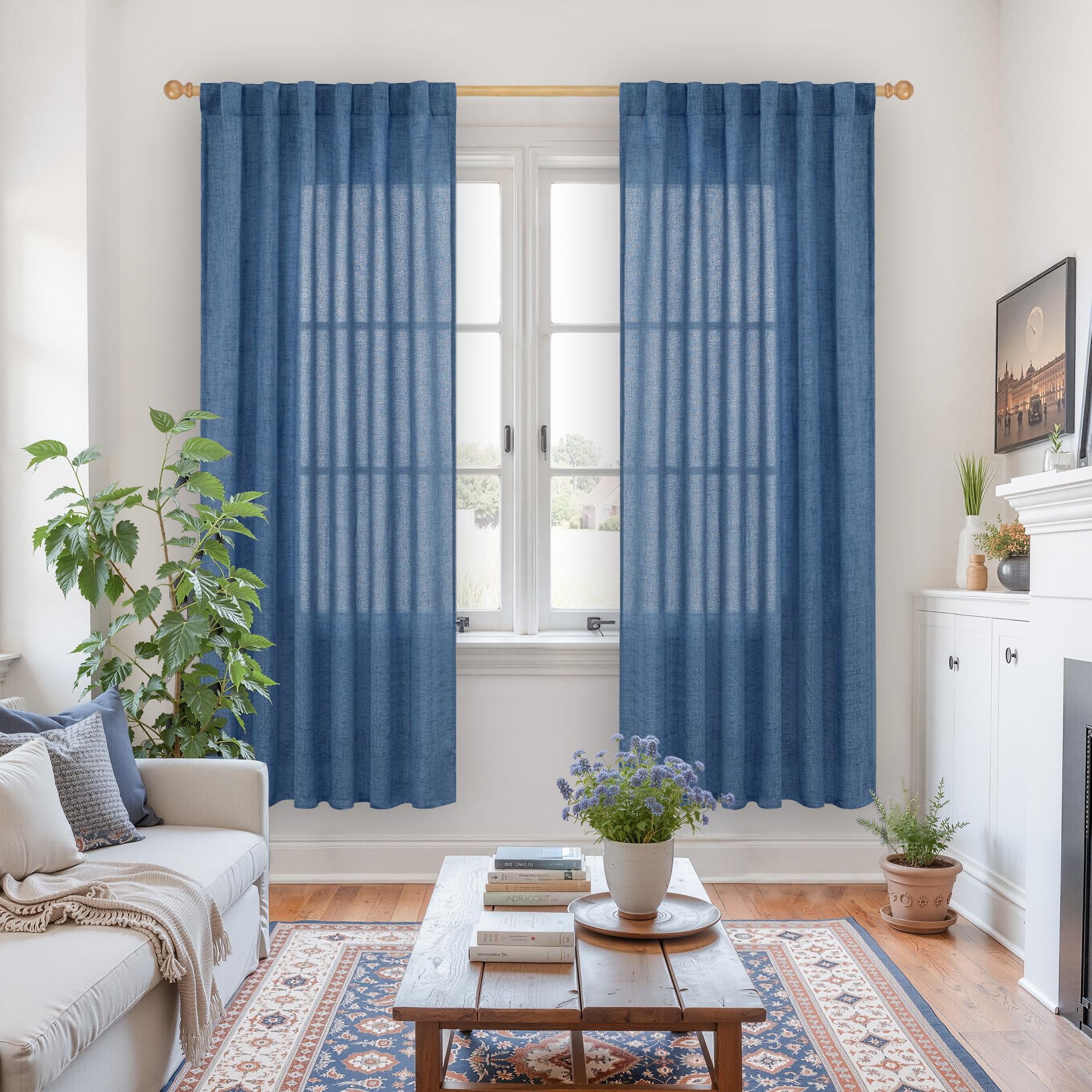 Navy Linen Curtains 78 Inch Length for Living Room (2 Count)