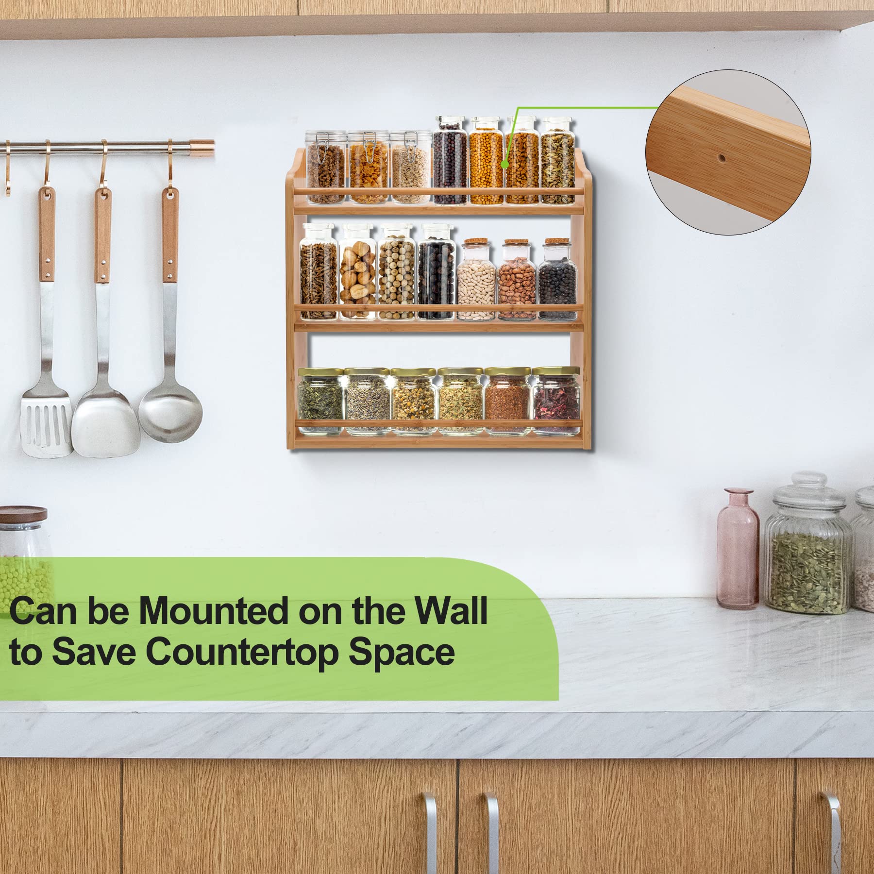 3 Tier Bamboo Spice Rack Wall Mount or Countertop