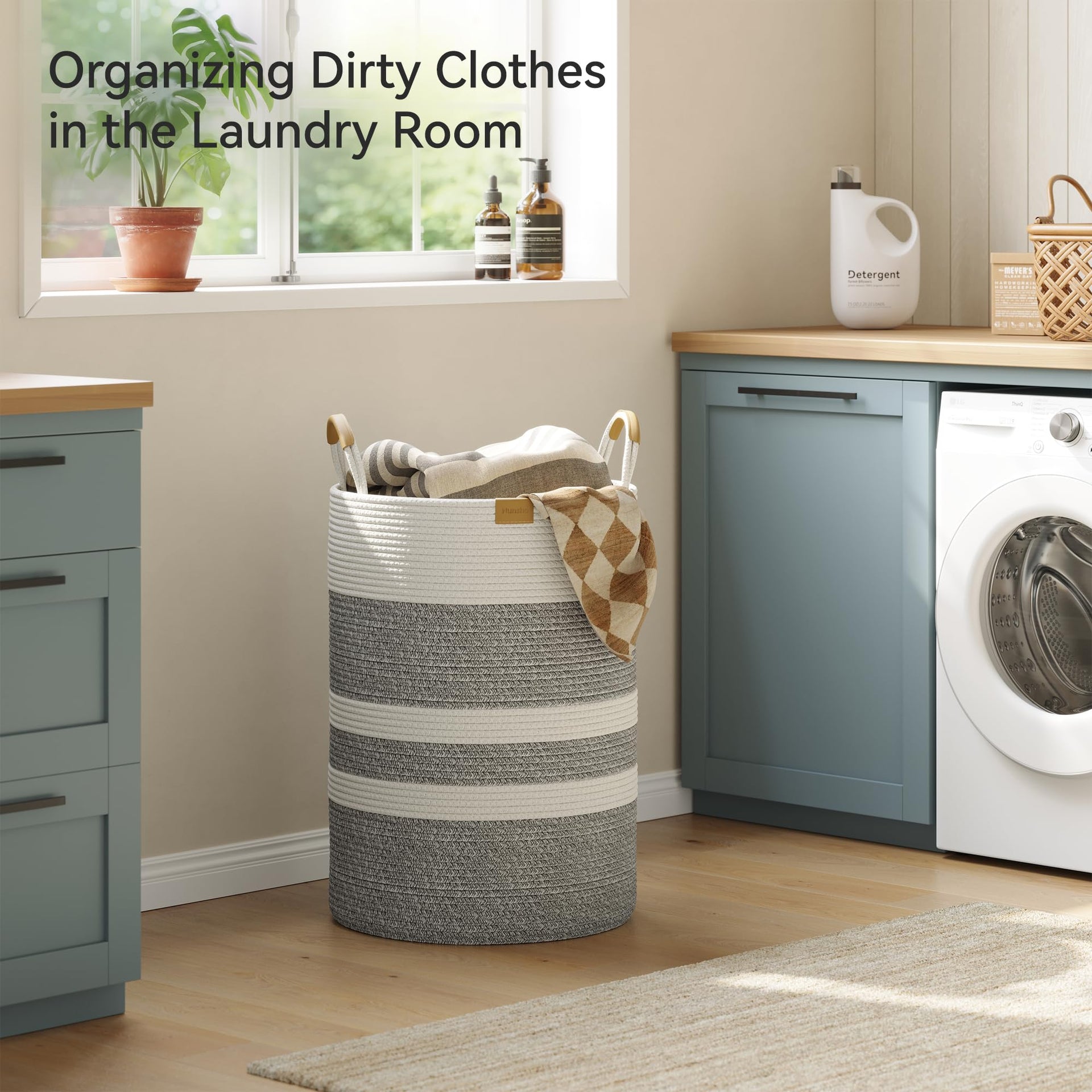 95L Striped Laundry Hamper with Leather Handles