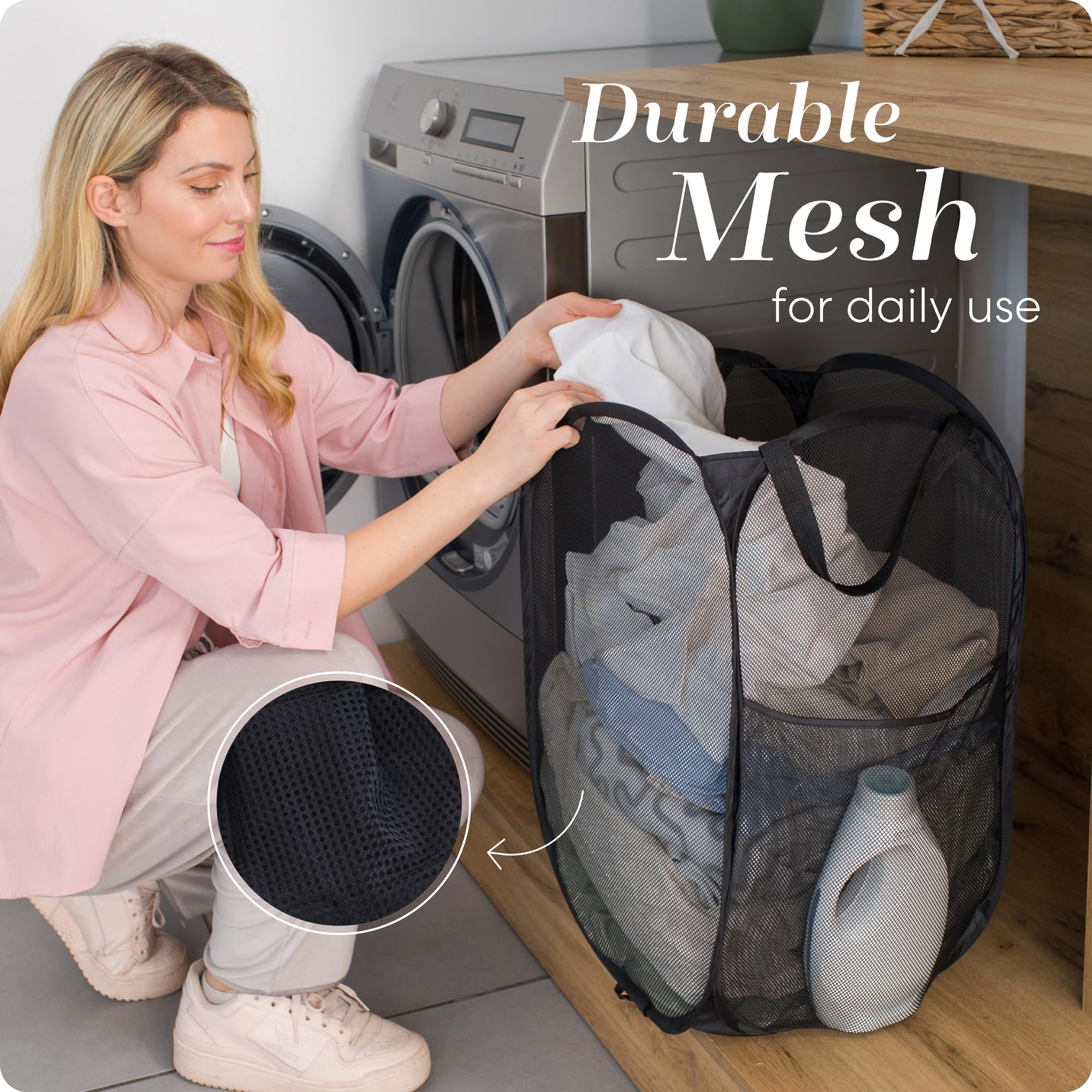 Collapsible Mesh Pop Up Hamper with Wide Opening and Side Pocket (2 count)