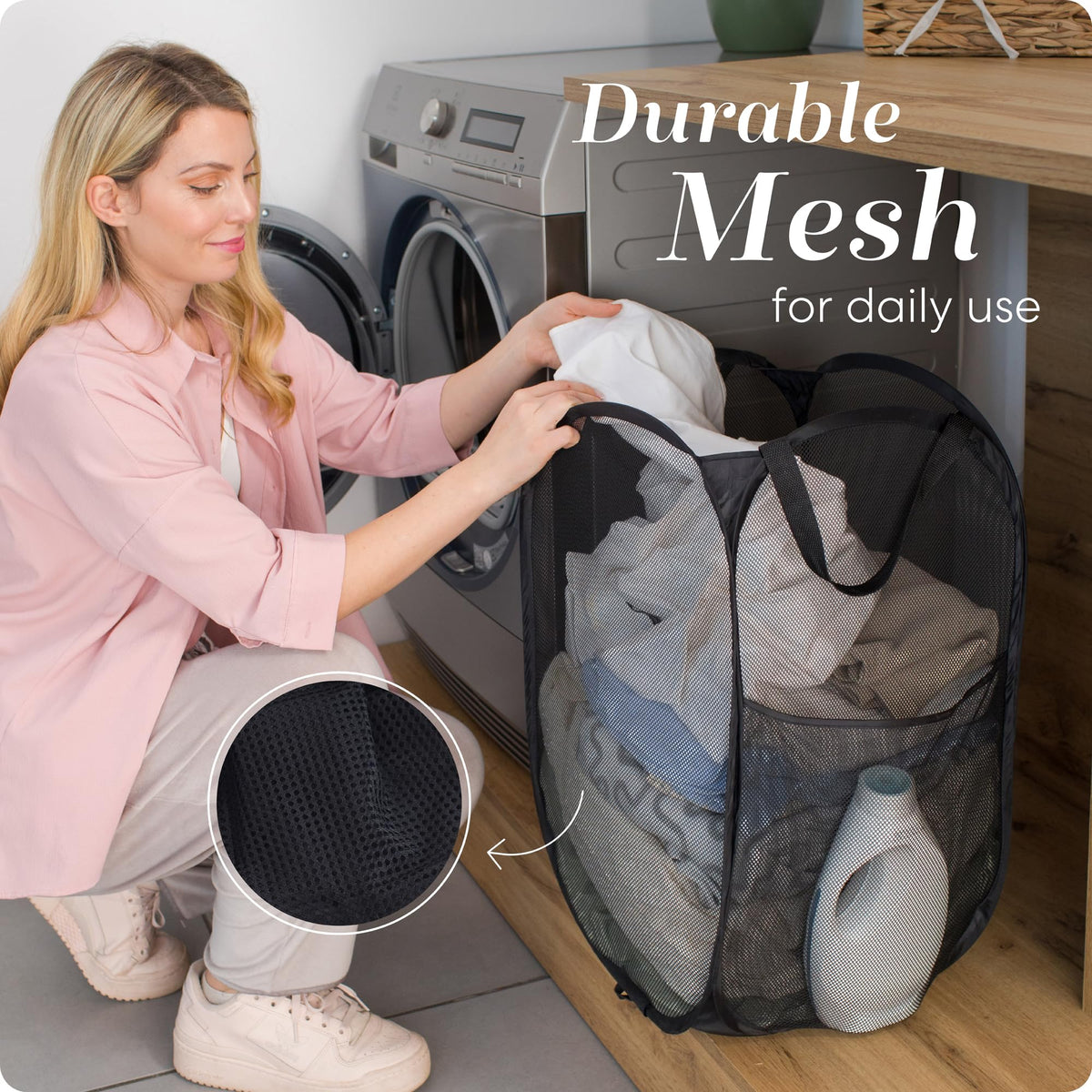 Collapsible Mesh Pop Up Hamper with Wide Opening and Side Pocket